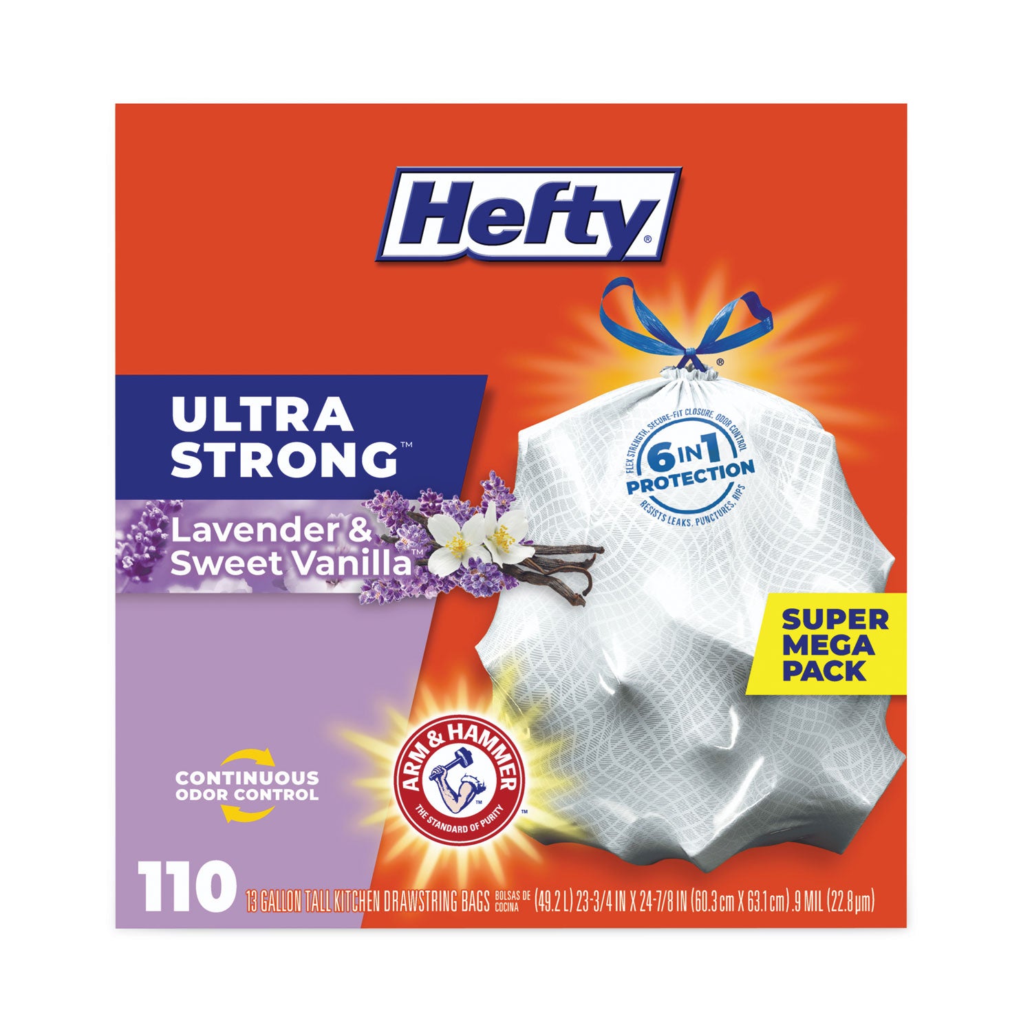 Hefty® Ultra Strong Scented Tall Kitchen Bags, Drawstring, 13 gal, Lavender/Vanilla, 23.75" x 24.88", White, 110/Box, 3 Boxes/Carton