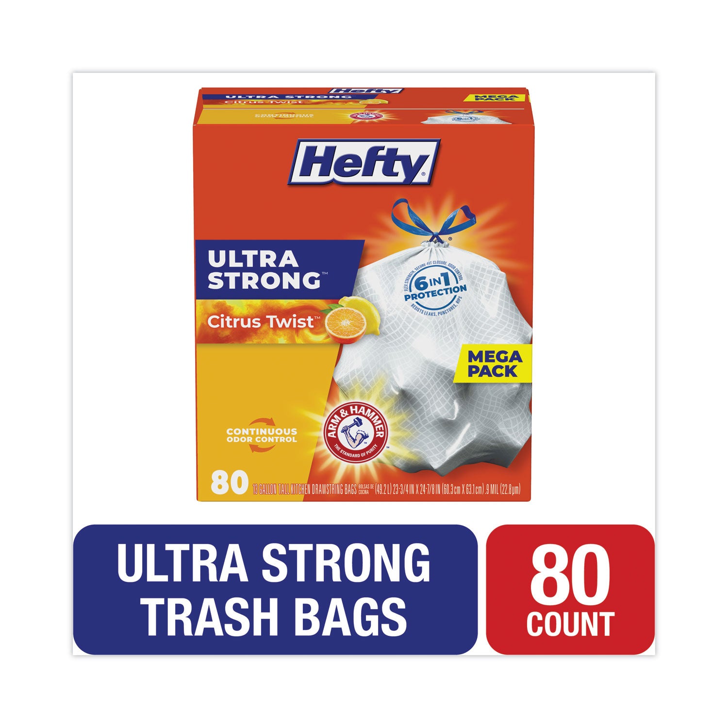 Extra Heavy-Duty Ultra Strong Scented Tall Kitchen Bags, Drawstring, 13 gal, Citrus Twist, 23.75" x 24.88", White, 80/Box