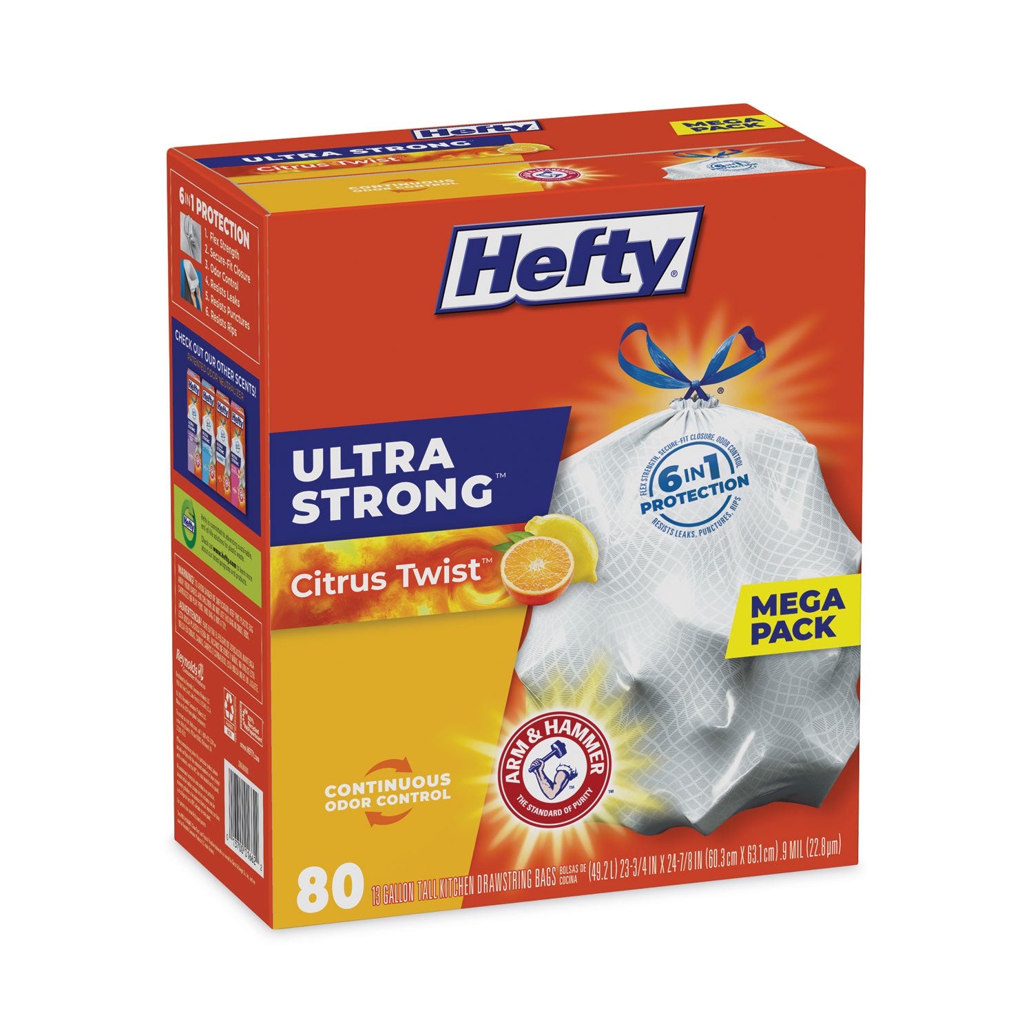 Hefty® Extra Heavy-Duty Ultra Strong Scented Tall Kitchen Bags, Drawstring, 13 gal, Citrus Twist, 23.75" x 24.88", White, 80/Box