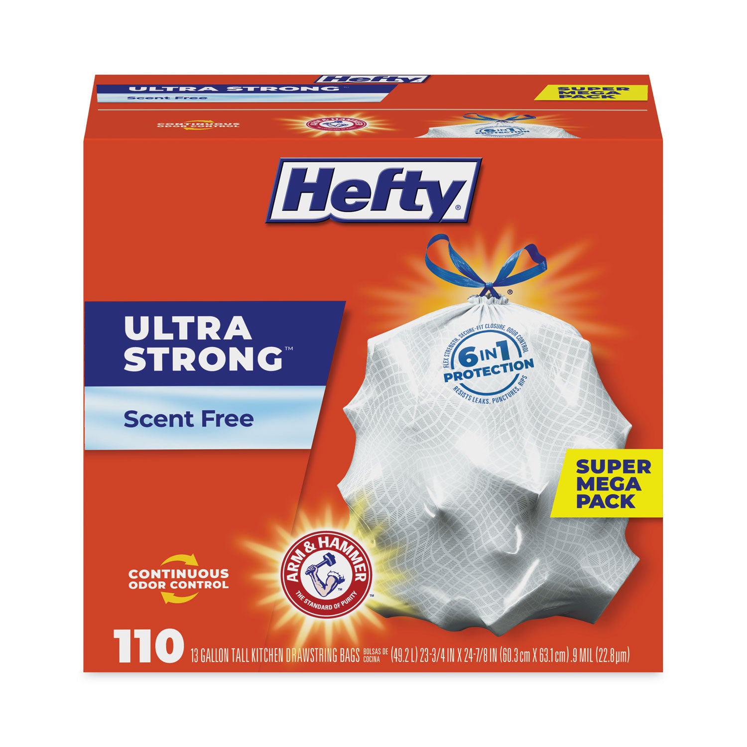 Hefty® Ultra Strong Tall Kitchen Trash Bags, Drawstring, 13 gal, 23.75" x 24.88", White, 110 Bags/Box, 3 Boxes/Carton