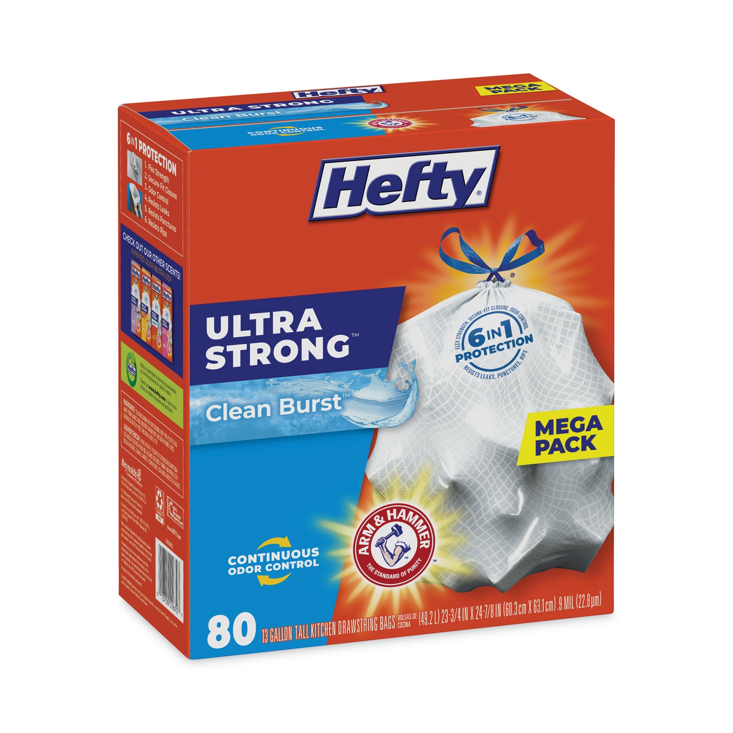 Hefty® Extra Heavy-Duty Ultra Strong Scented Tall Kitchen Bags, Drawstring, 13 gal, Clean Burst, 23.75" x 24.88", White, 80/Box