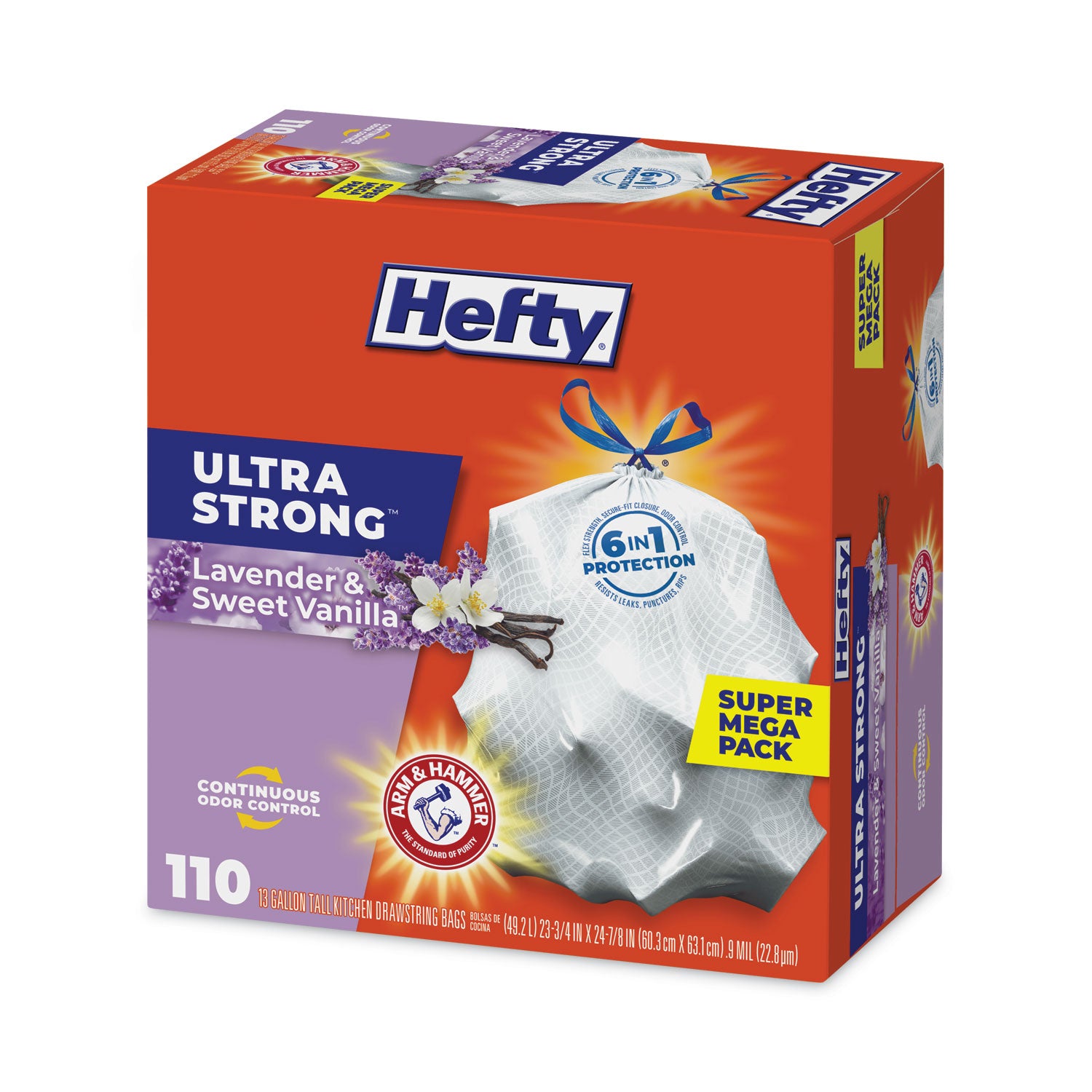 Hefty® Extra Heavy-Duty Ultra Strong Scented Tall Kitchen Bags, Drawstring, 13 gal, Lavender/Vanilla, 23.75 x 24.88, White, 110/Box