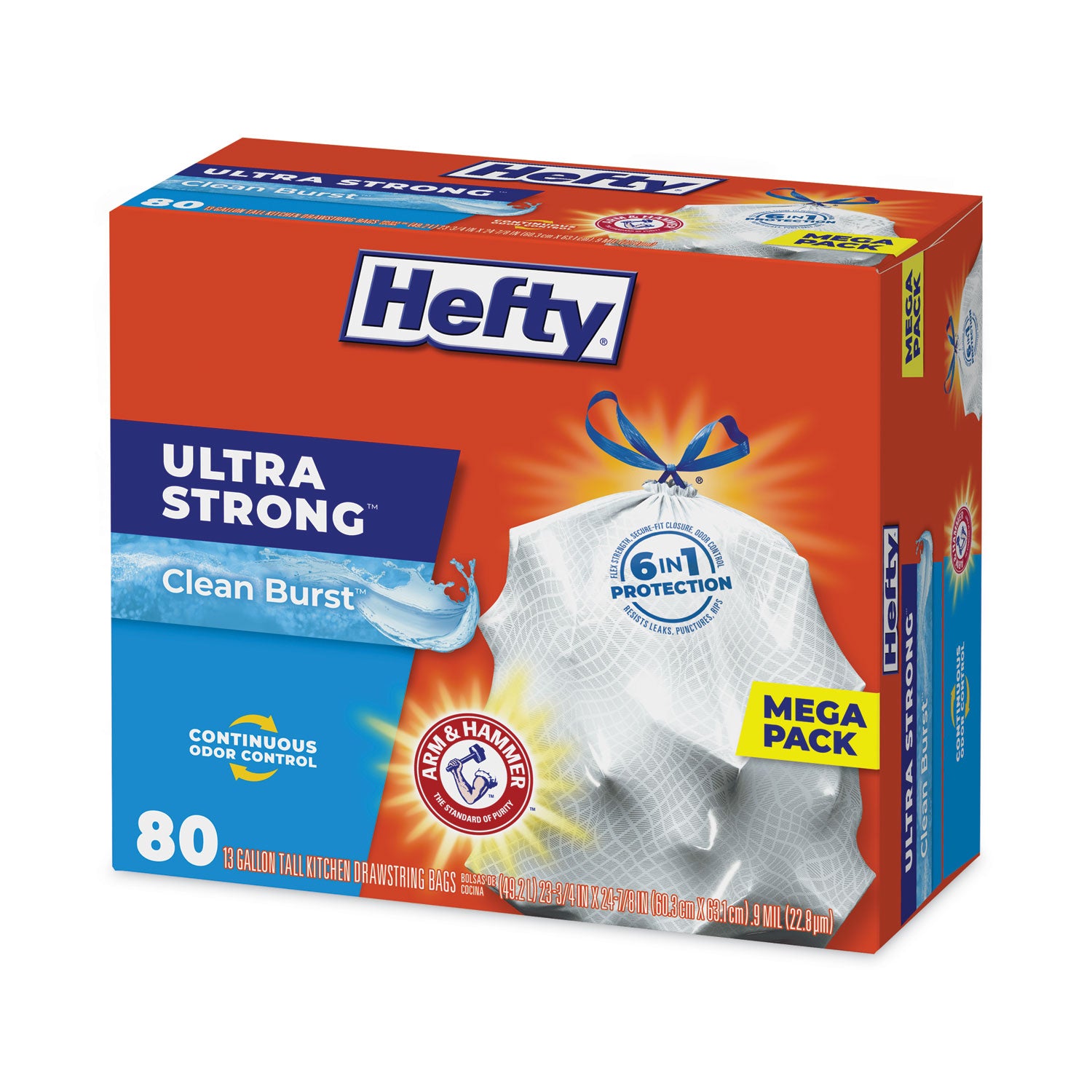 Hefty® Ultra Strong Scented Tall Kitchen Bags, Drawstring, 13 gal, Clean Burst, 24.75" x 24.88", White, 80 Bags/Box, 3 Boxes/Carton