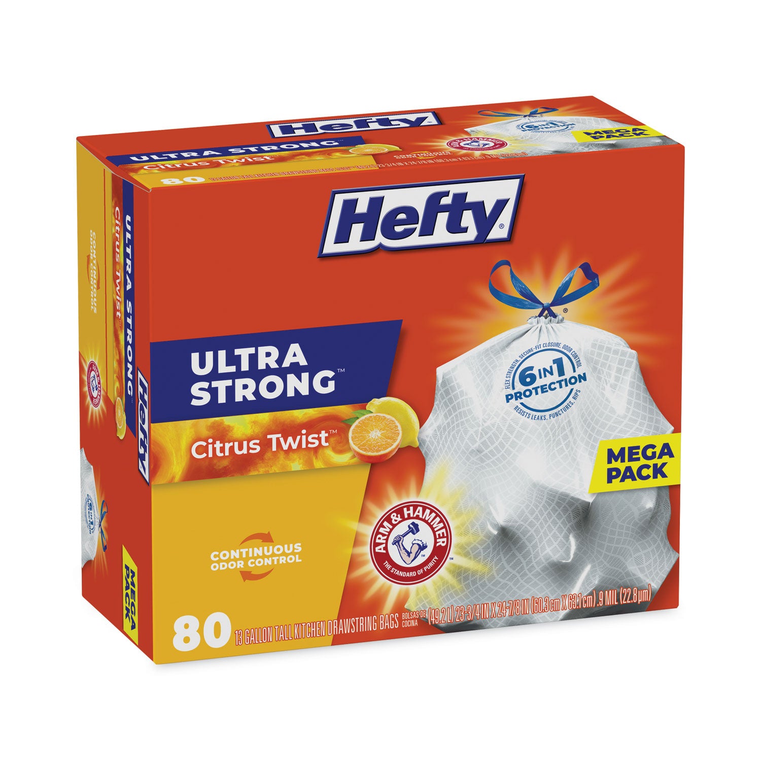 Hefty® Ultra Strong Scented Tall Kitchen Bags, Drawstring, 13 gal, Citrus Twist, 23.75" x 24.88", White, 80 Bags/Box, 3 Boxes/Carton