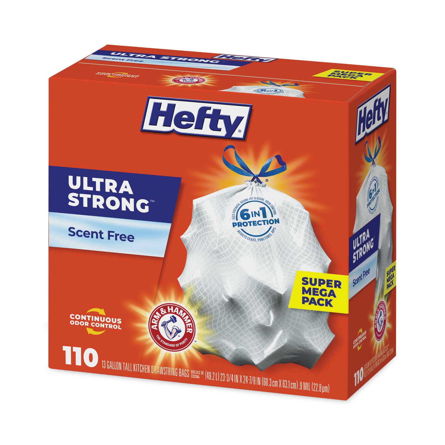 Hefty® Ultra Strong Tall Kitchen Trash Bags, Drawstring, 13 gal, 23.75" x 24.88", White, 110/Box