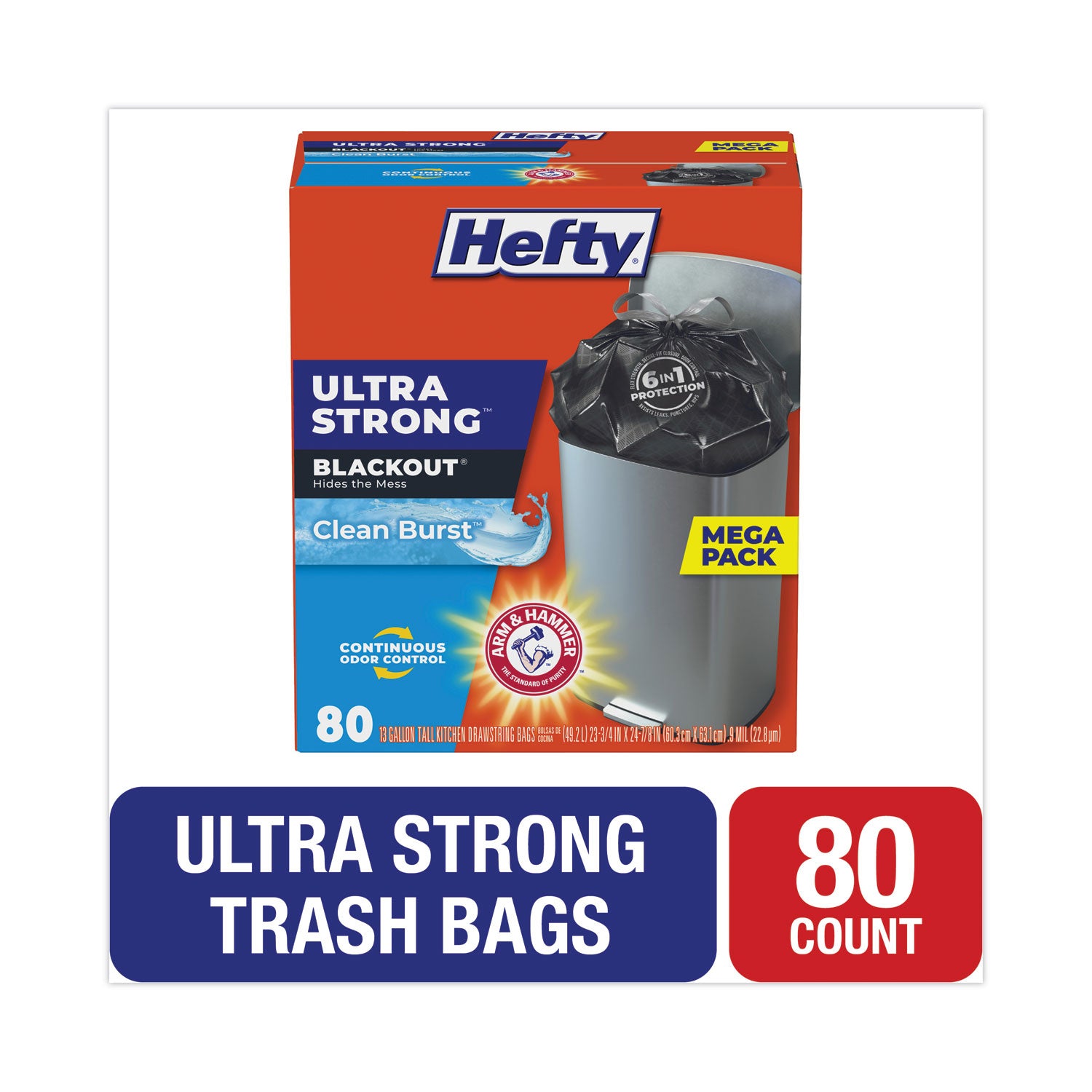 Hefty® Ultra Strong BlackOut Tall-Kitchen Drawstring Bags, 13 gal, Citrus Twist Scent, 23.75" x 24.88", Black, 80/Box