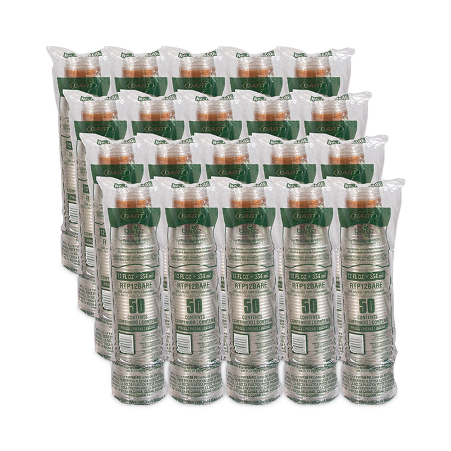 Dart® Bare Eco-Forward RPET Cold Cups, ProPlanet Seal, 12 oz to 14 oz, Leaf Design, Clear, Squat, 50/Pack, 20 Packs/Carton