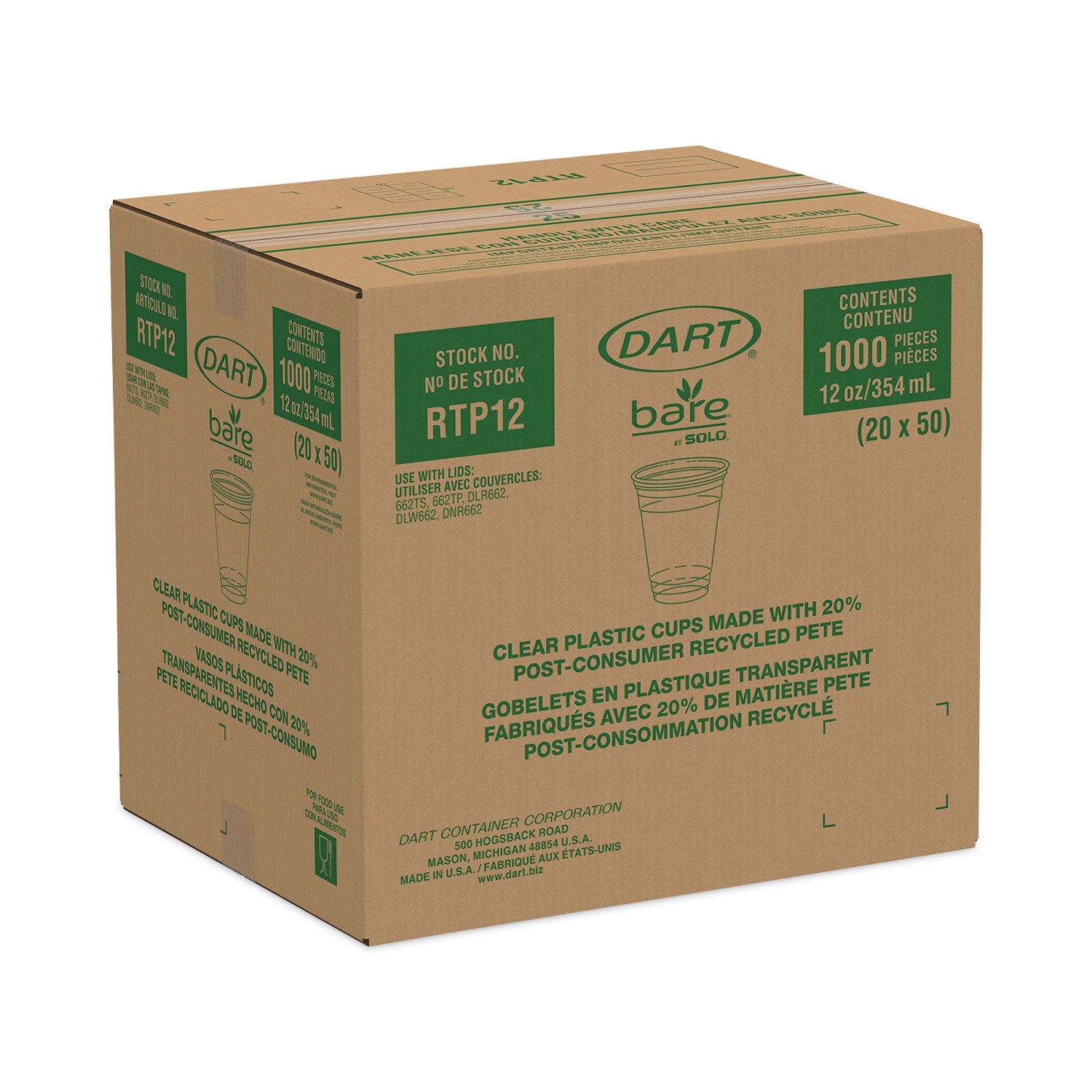 Dart® Bare Eco-Forward RPET Cold Cups, ProPlanet Seal, 12 oz to 14 oz, Leaf Design, Clear, Squat, 50/Pack, 20 Packs/Carton