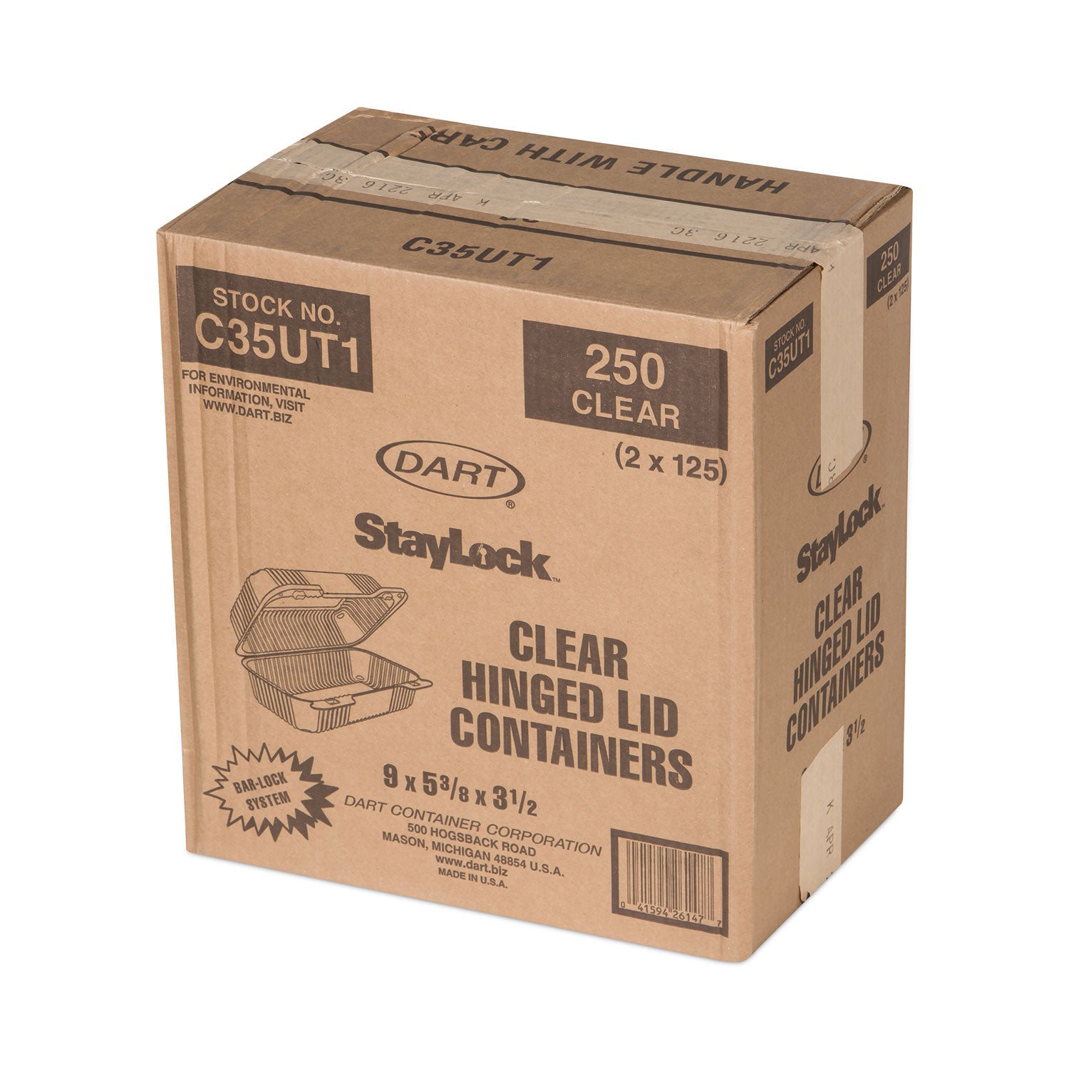 Dart® StayLock Clear Hinged Lid Containers, 5.4 x 9 x 3.5, Clear, Plastic, 250/Carton