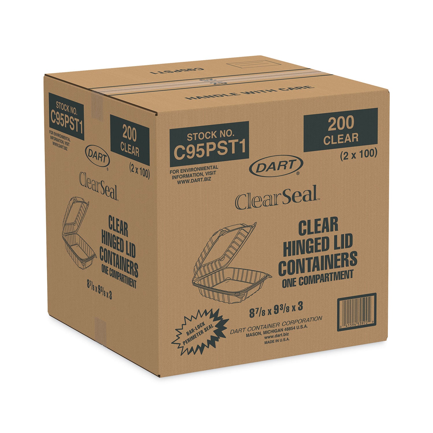 Dart® ClearSeal Hinged-Lid Plastic Containers, 9.3 x 8.8 x 3, Clear, Plastic, 100/Bag, 2 Bags/Carton