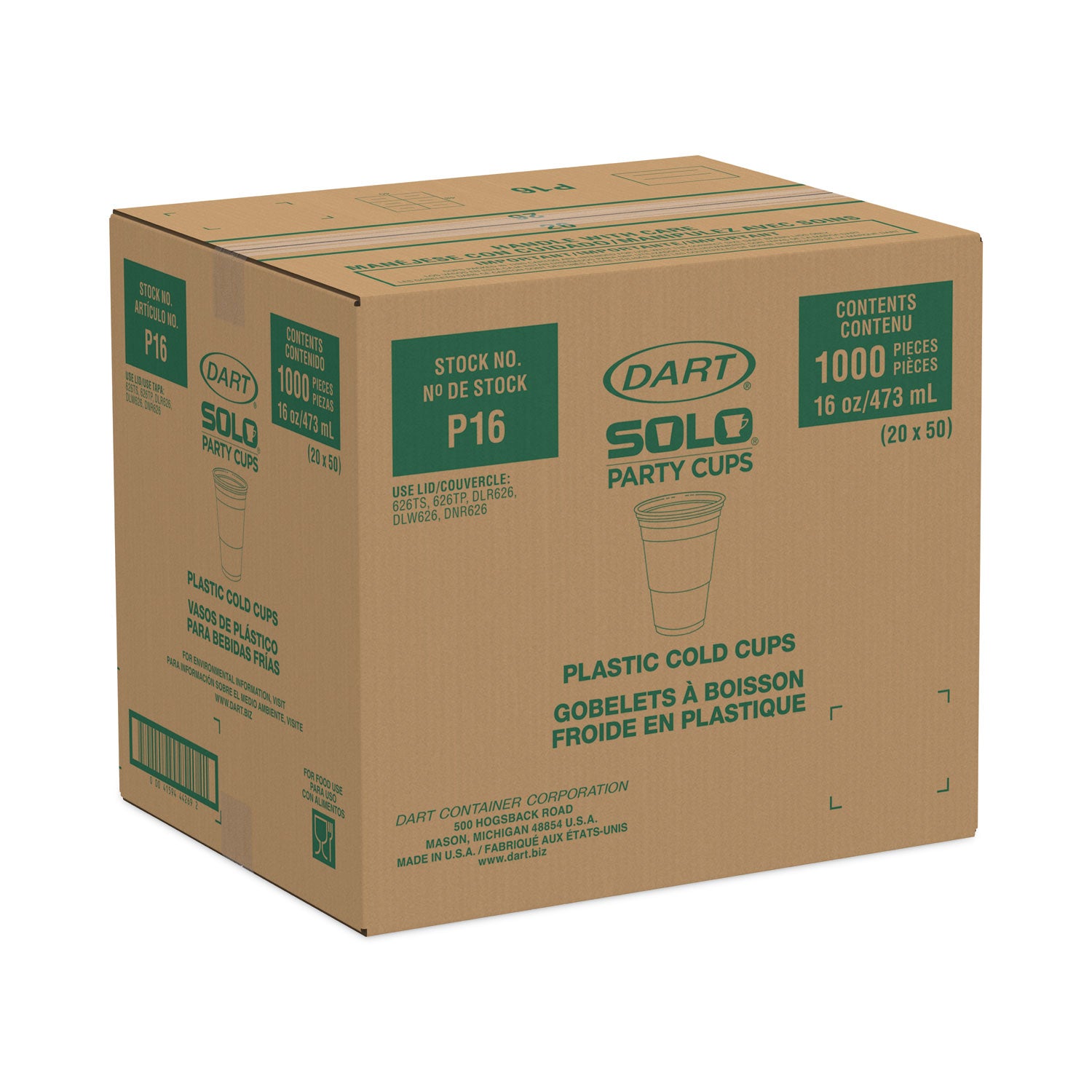 Dart® SOLO Party Plastic Cold Drink Cups, 16 oz, 50/Sleeve, 20 Sleeves/Carton