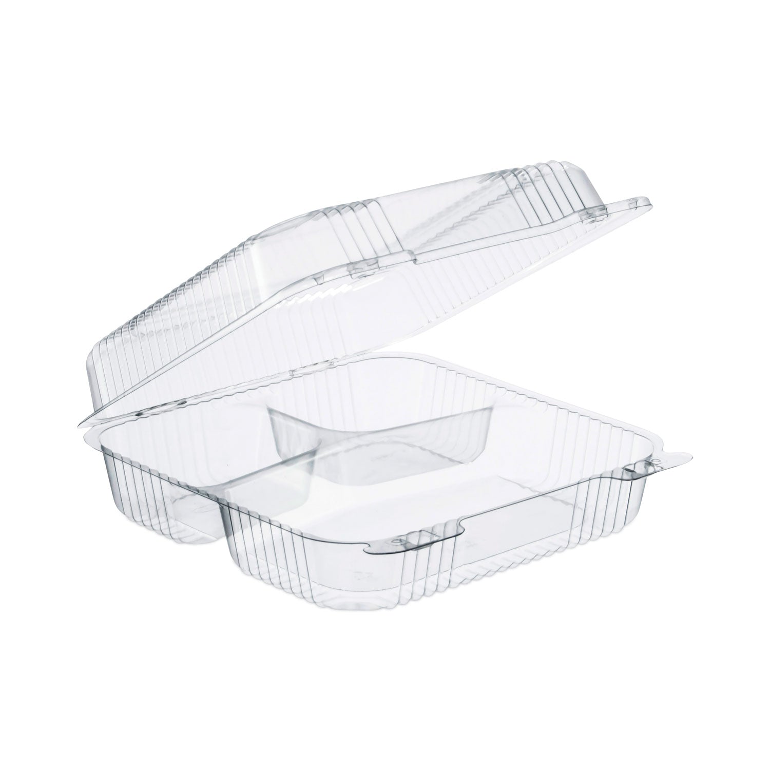 Dart® StayLock Clear Hinged Lid Containers, 3-Compartment, 8.6 x 9 x 3, Clear, Plastic, 100/Packs, 2 Packs/Carton