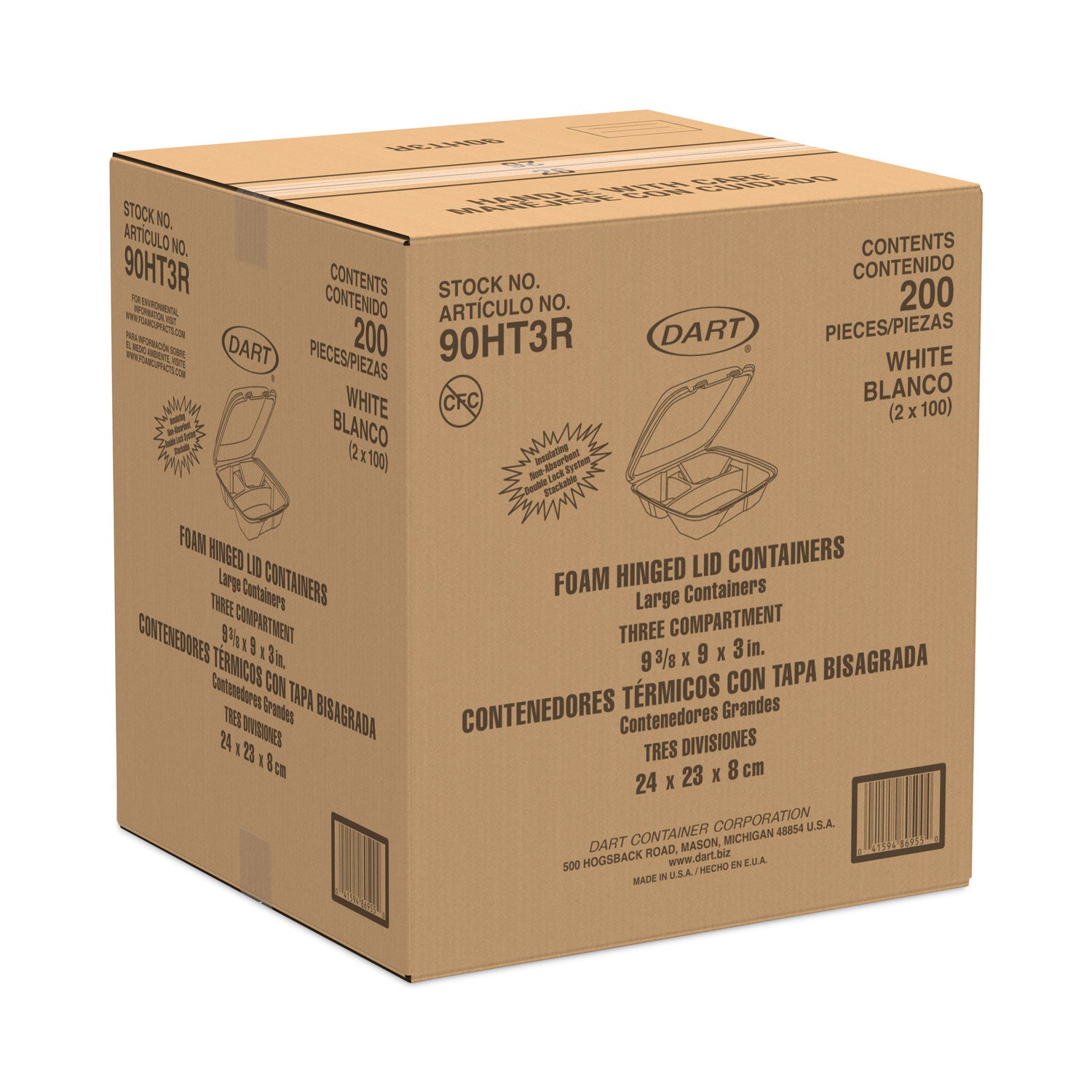 Foam Hinged Lid Container, 3-Compartment, 8 oz, 9 x 9.4 x 3, White, 200/Carton Dart® Flipcost