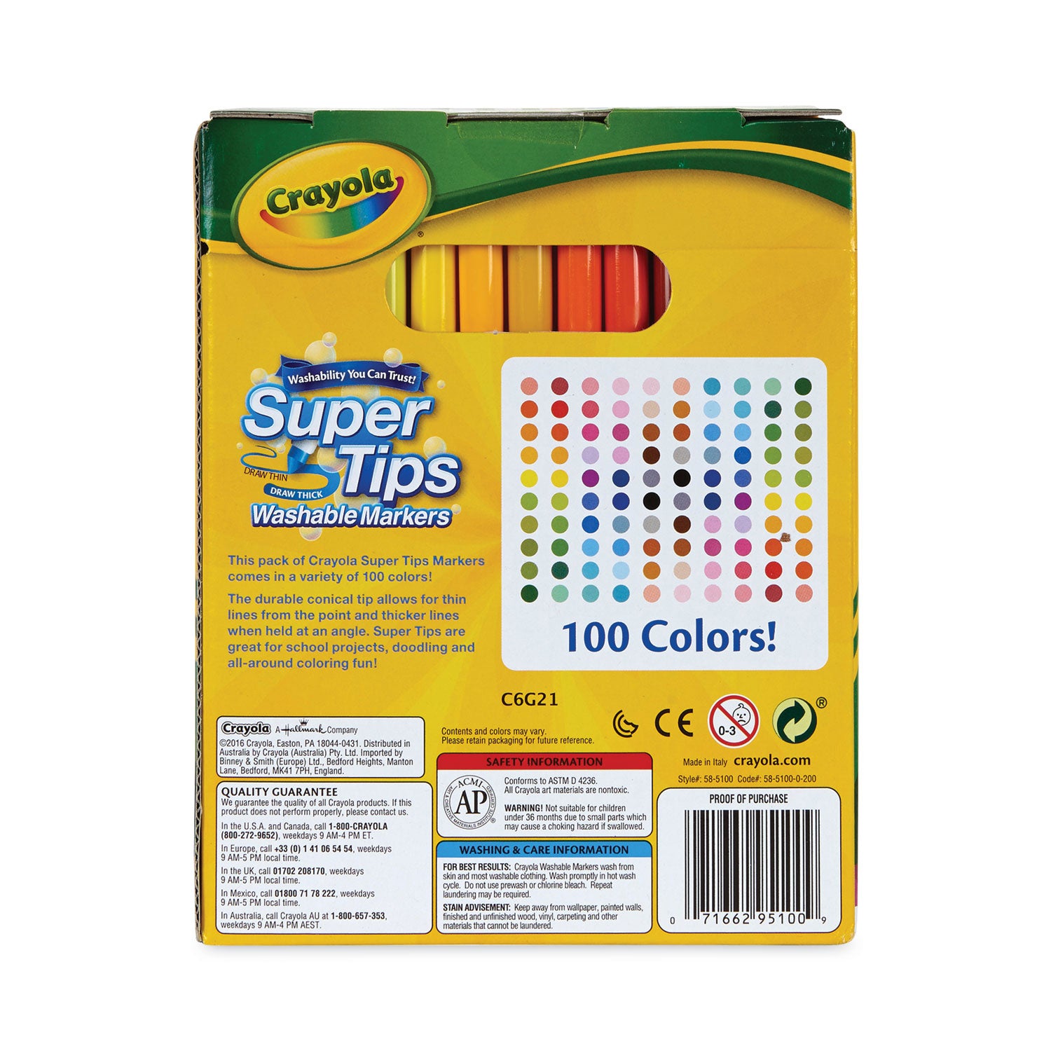 Crayola® Super Tips Washable Markers, Fine/Broad Bullet Tips, Assorted Colors, 100/Set