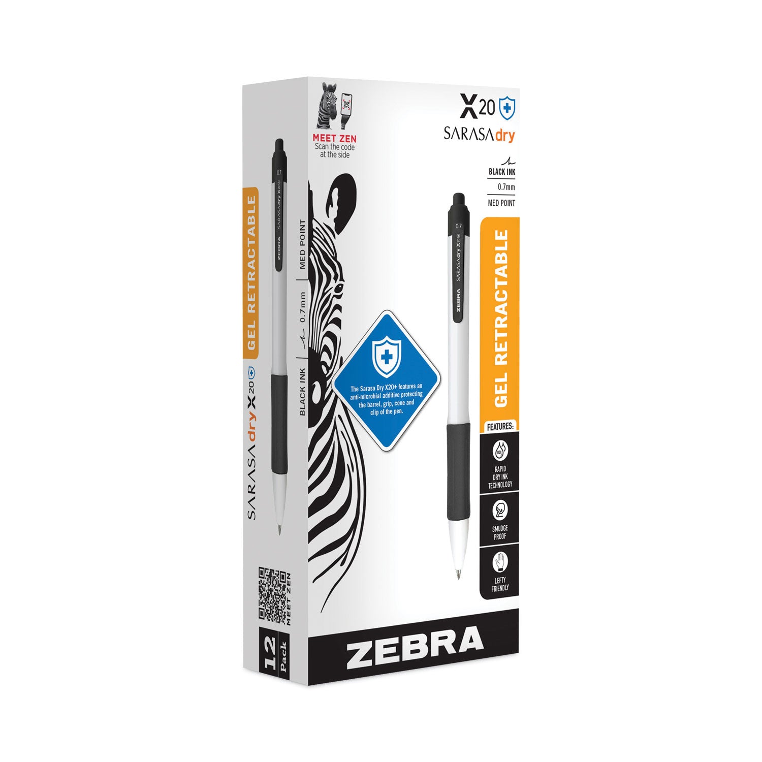 Zebra® Sarasa Dry X20+ Gel Pen, Retractable, Fine 0.7 mm, Black Ink, White/Black Barrel, Dozen