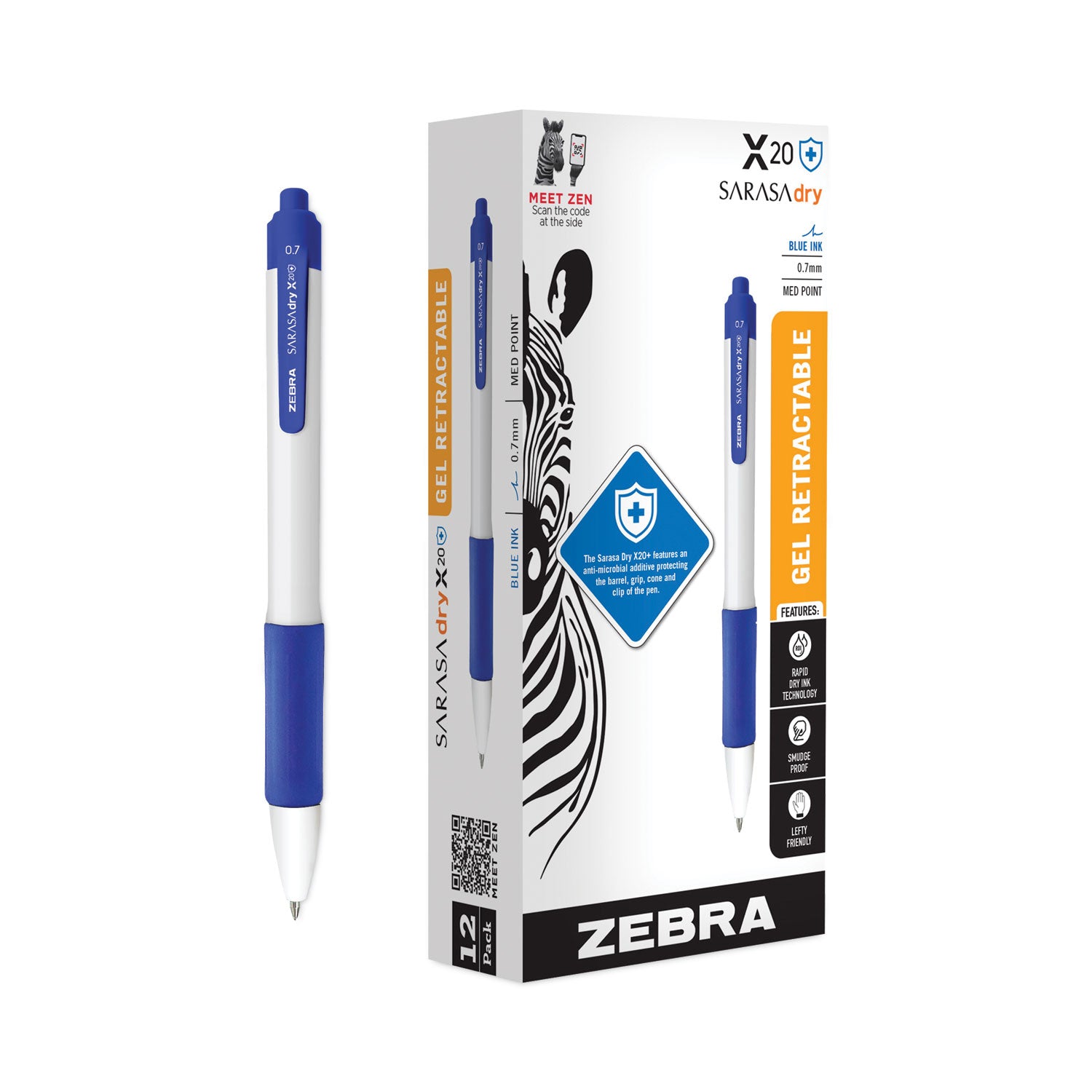 Zebra® Sarasa Dry X20+ Gel Pen, Retractable, Fine 0.7 mm, Blue Ink, White/Blue Barrel, Dozen