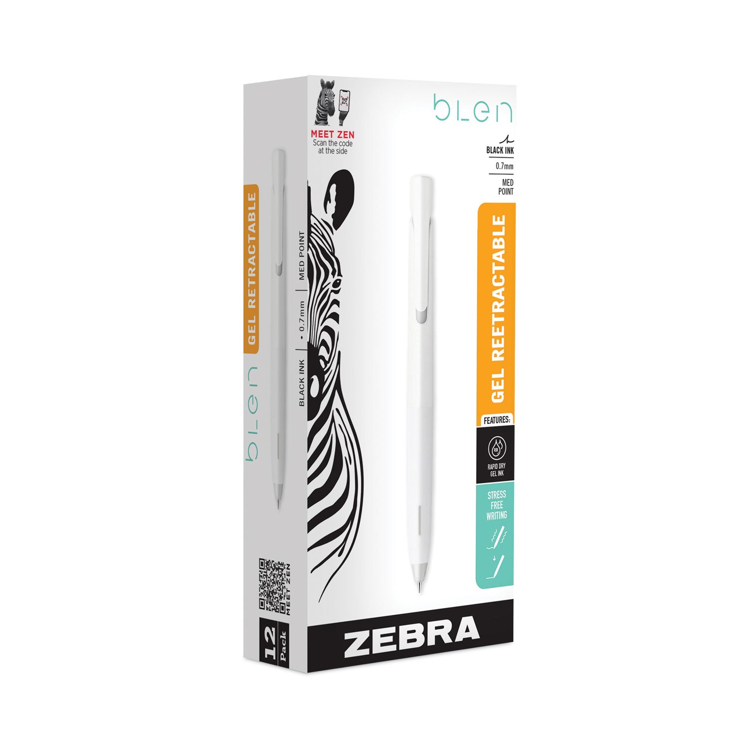 Zebra® bLen Gel Pen, Retractable, Fine 0.7 mm, Black Ink, White Barrel, Dozen