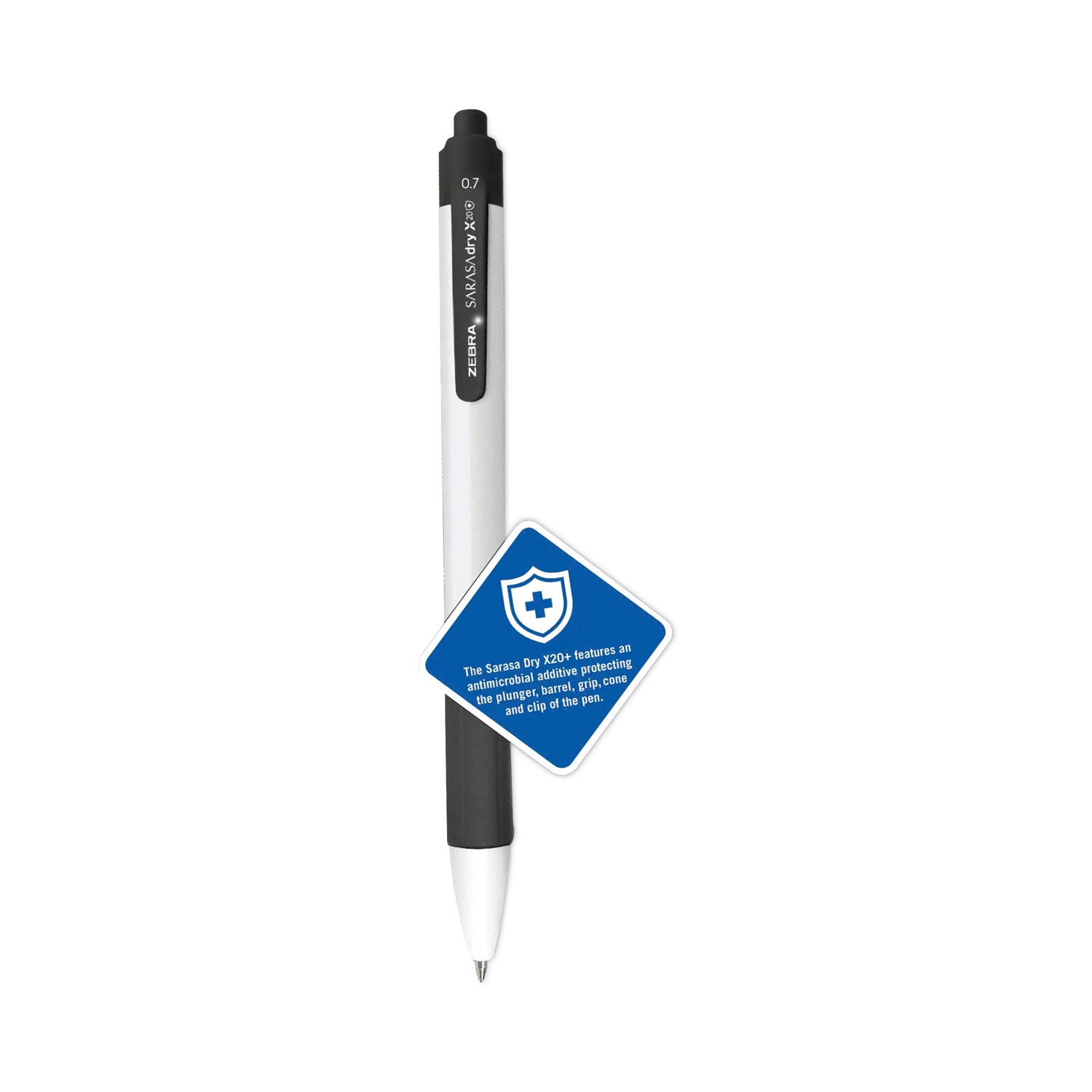 Zebra® Sarasa Dry X20+ Gel Pen, Retractable, Fine 0.7 mm, Black Ink, White/Black Barrel, Dozen