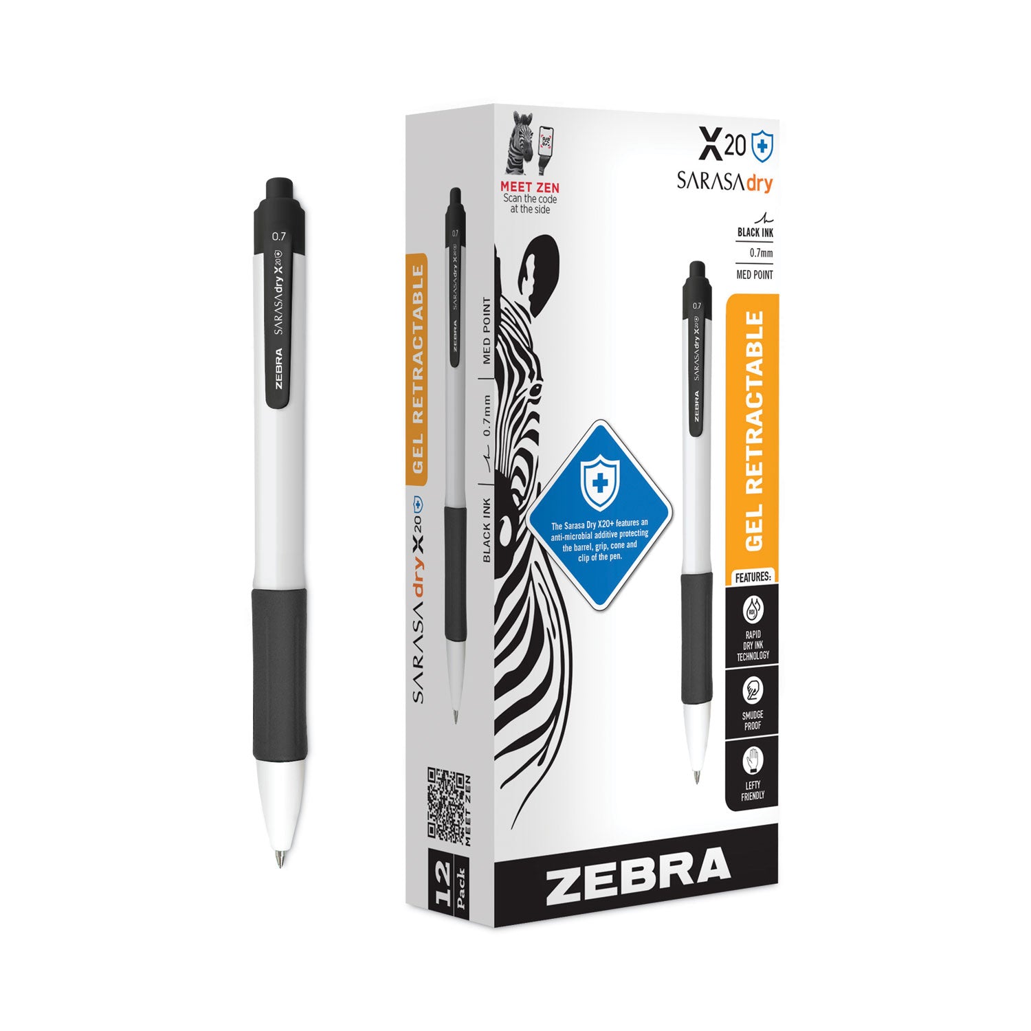 Zebra® Sarasa Dry X20+ Gel Pen, Retractable, Fine 0.7 mm, Black Ink, White/Black Barrel, Dozen