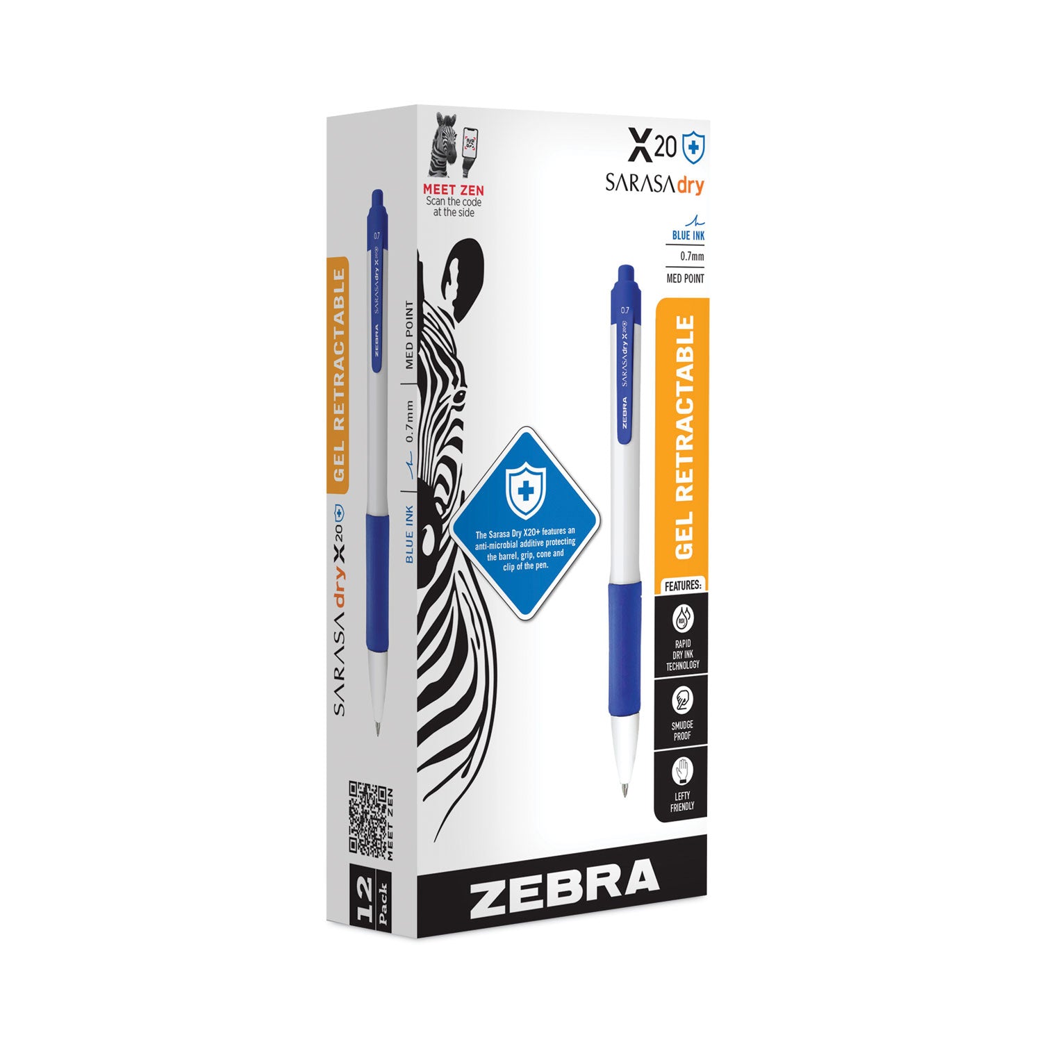 Zebra® Sarasa Dry X20+ Gel Pen, Retractable, Fine 0.7 mm, Blue Ink, White/Blue Barrel, Dozen