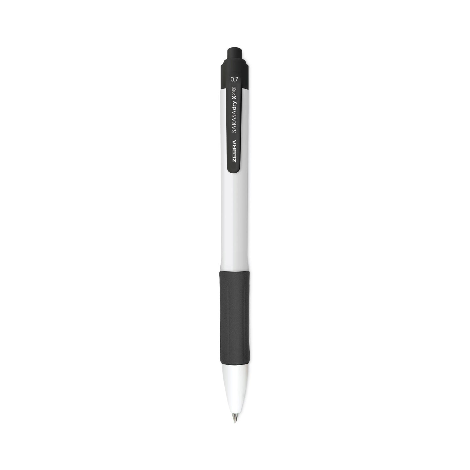 Sarasa Dry X20+ Gel Pen, Retractable, Fine 0.7 mm, Black Ink, White/Black Barrel, Dozen