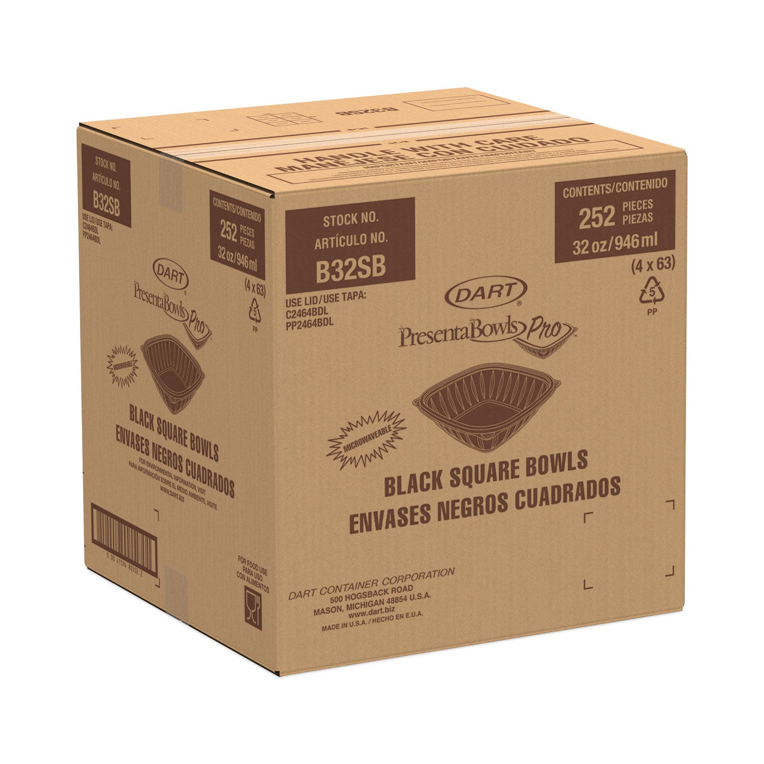 Dart® PresentaBowls Pro Black Square Bowls, 32 oz, 8.5 x 8.5 x 2, Plastic, 63/Bag, 4 Bags/Carton