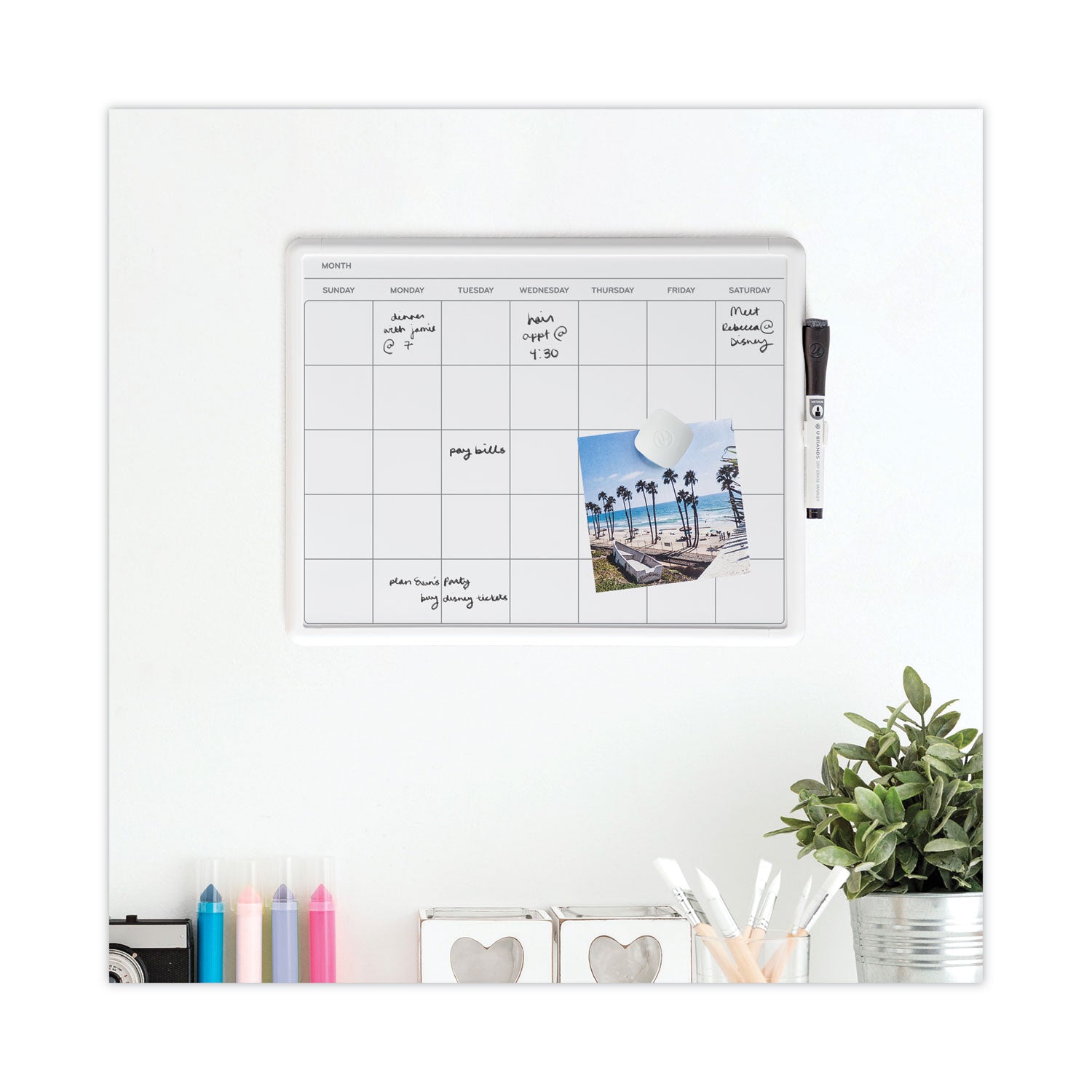 U Brands Magnetic Dry Erase Monthly Calendar, 14 x 11.66, White Surface, White Plastic Frame