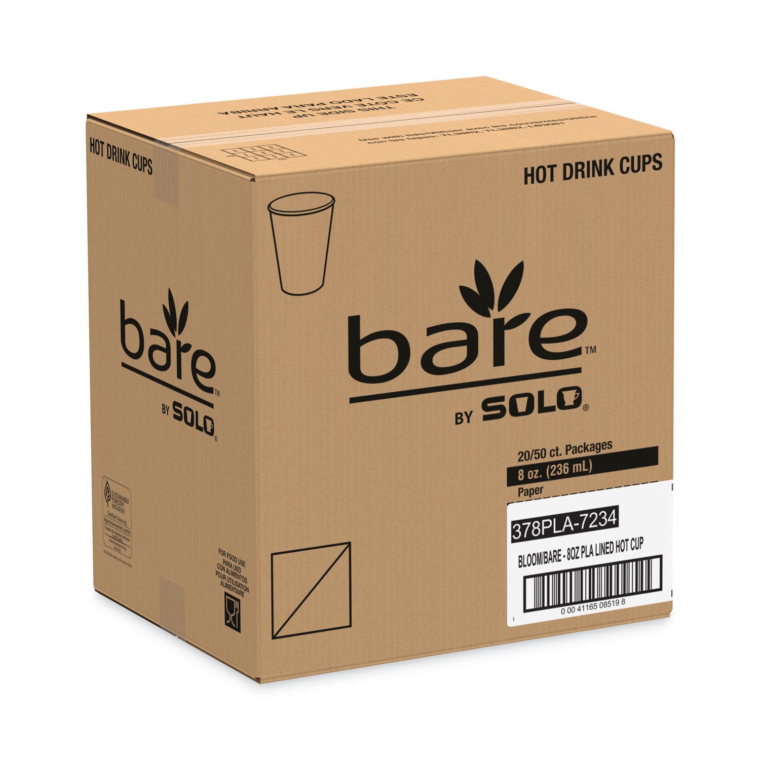 SOLO® Bare Eco-Forward PLA Paper Hot Cups, 8 oz, Leaf Design, White/Green/Orange, 50/Bag, 20 Bags/Carton