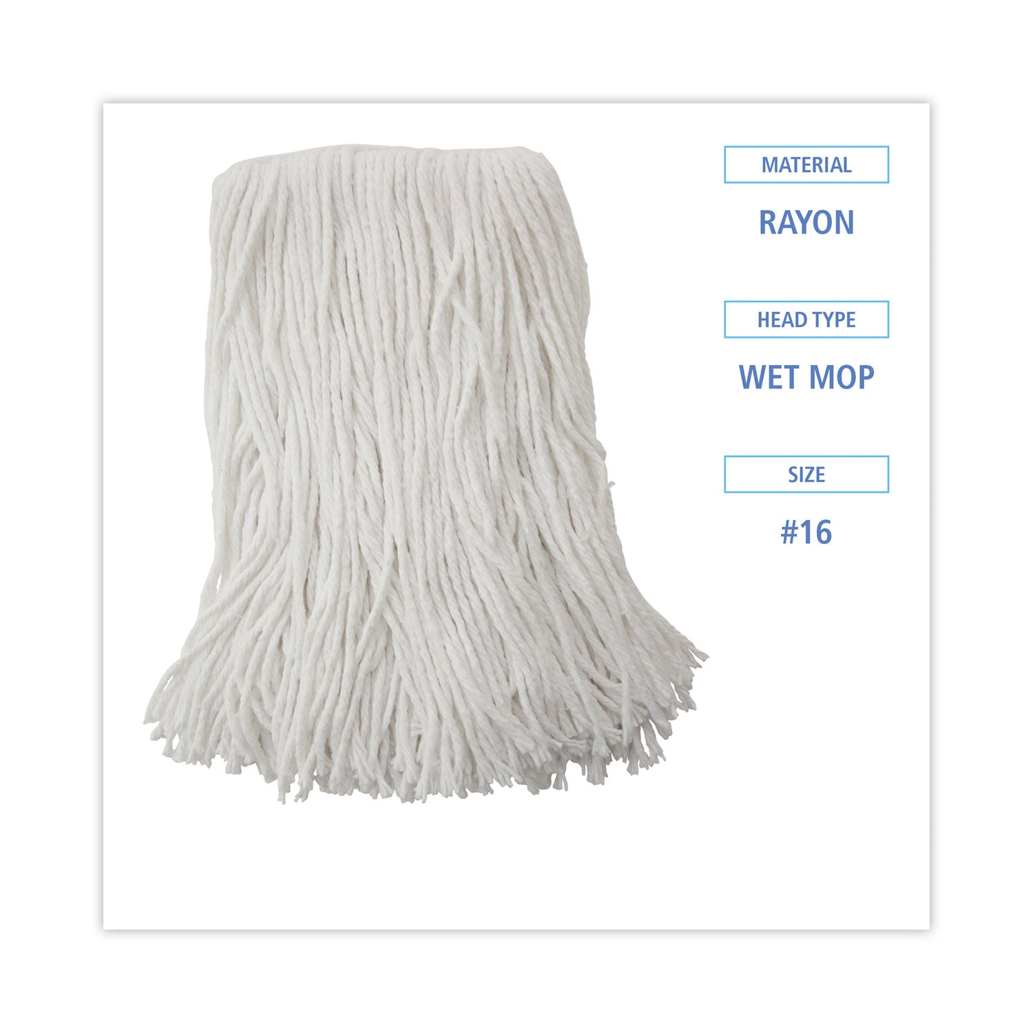 Boardwalk® Mop Head, Value Standard Head, Rayon Fiber, Cut-End, Size No. 16, White, 12/Carton