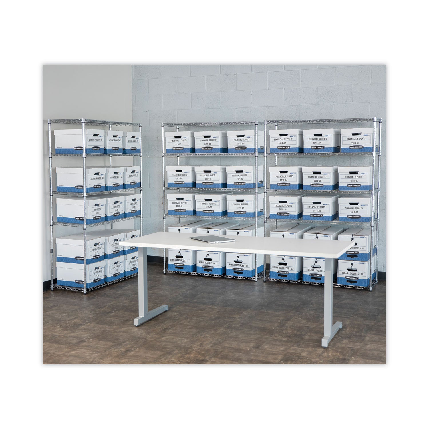 Bankers Box® HANG'N'STOR Medium-Duty Storage Boxes, Letter Files, 12.63" x 15.63" x 10", White/Blue, 4/Carton