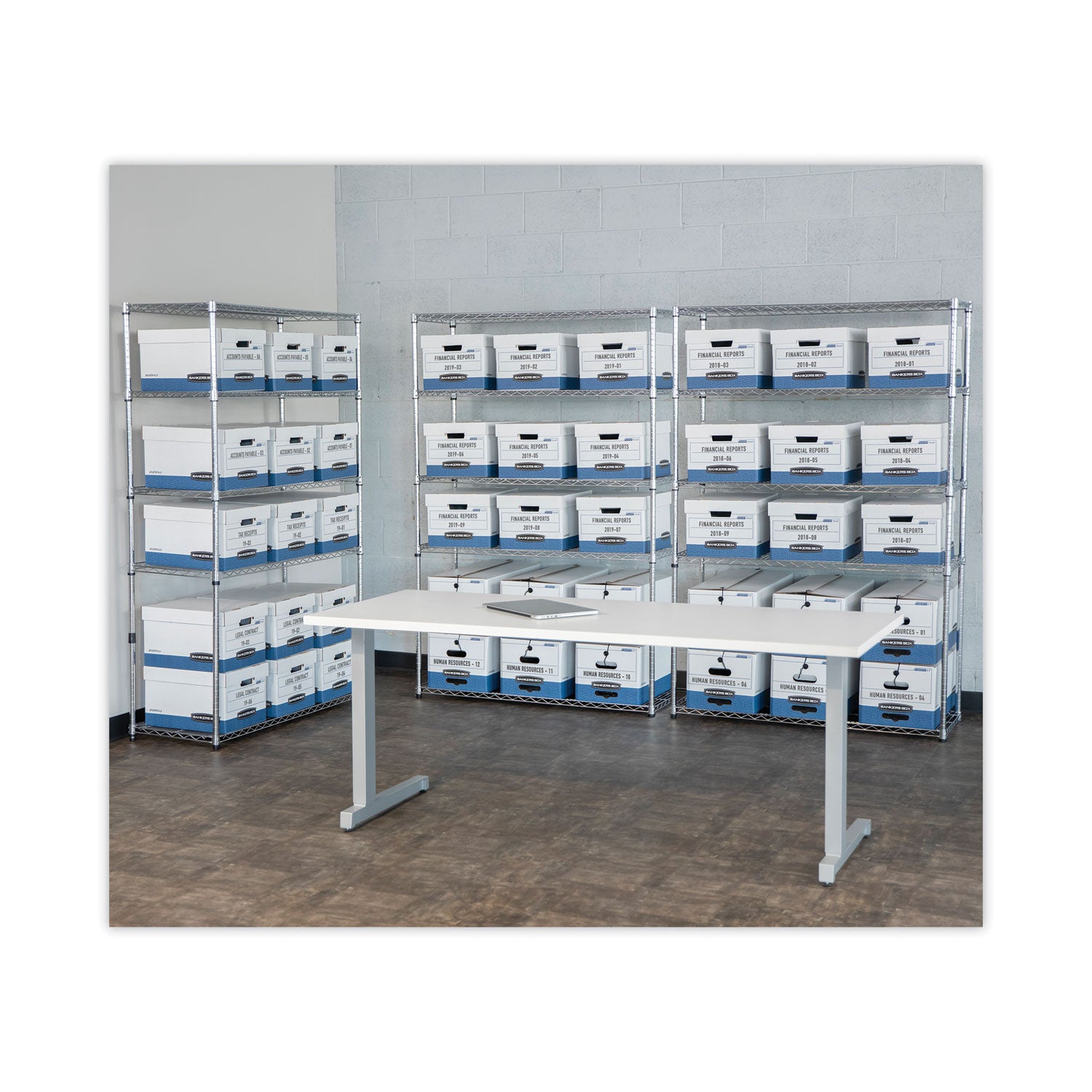 Bankers Box® HANG'N'STOR Medium-Duty Storage Boxes, Letter/Legal Files, 13" x 16" x 10.5", White/Blue, 4/Carton