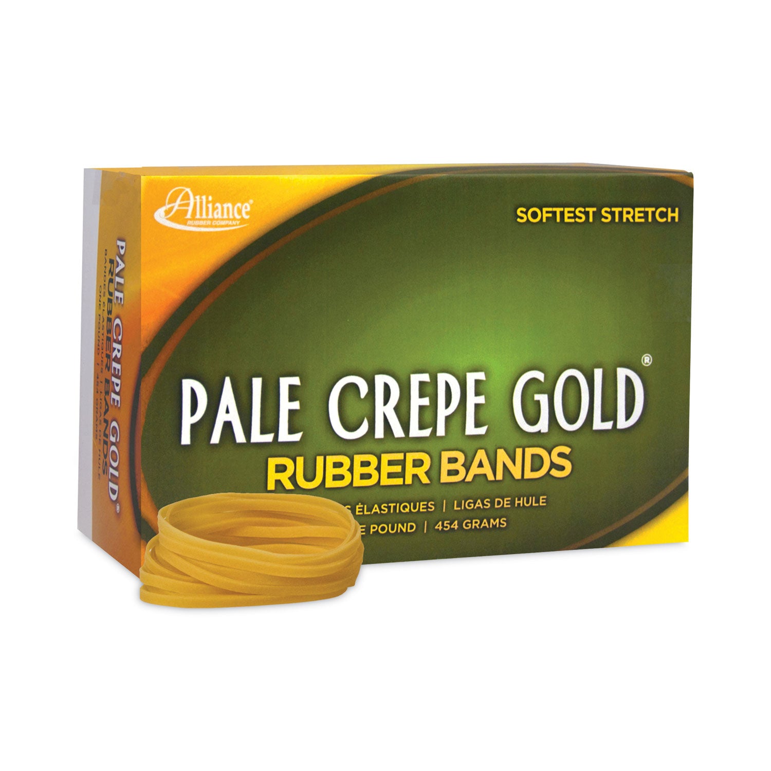 Alliance® Pale Crepe Gold Rubber Bands, Size 32, 0.04" Gauge, Golden Crepe, 1 lb Box, 1,100/Box