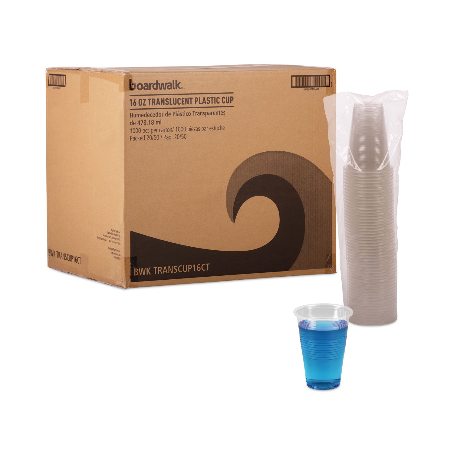 Boardwalk® Translucent Plastic Cold Cups, 16 oz, Polypropylene, 50 Cups/Sleeve, 20 Sleeves/Carton