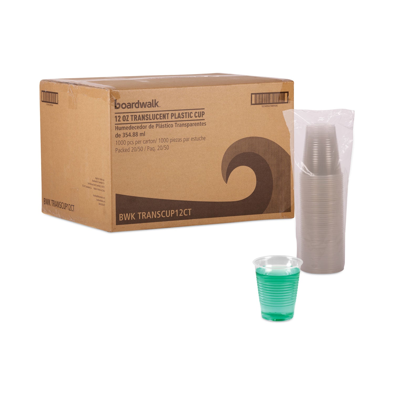 Boardwalk® Translucent Plastic Cold Cups, 12 oz, Polypropylene, 50 Cups/Sleeve, 20 Sleeves/Carton