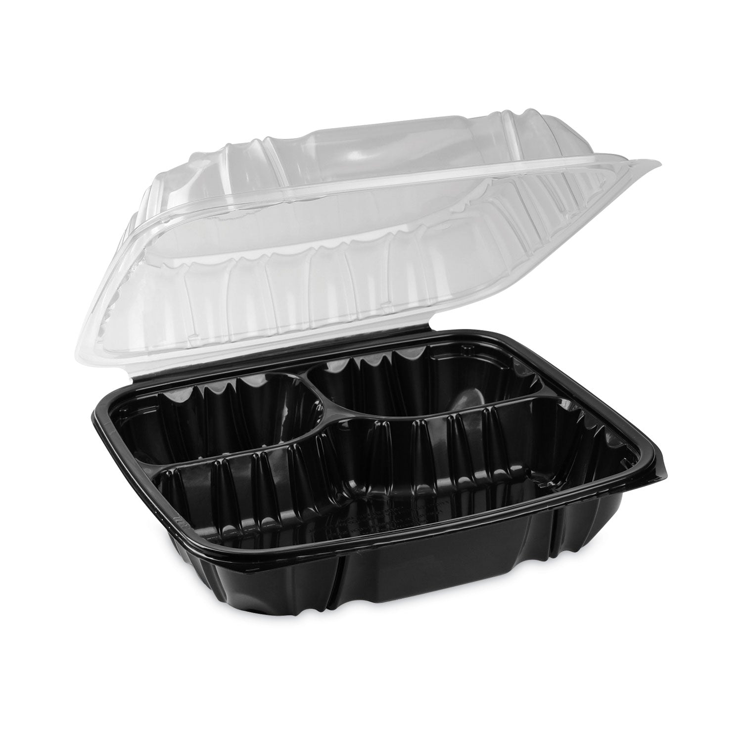 Pactiv Evergreen EarthChoice Vented Dual Color Microwavable Hinged Lid Container, 3-Compartment 34oz, 10.5x9.5x3, Black/Clear, Plastic, 132/CT