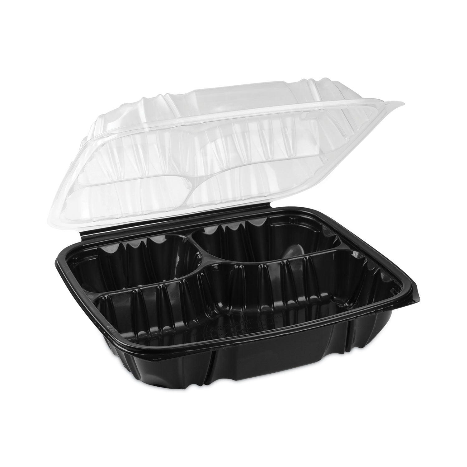 Pactiv Evergreen EarthChoice Vented Dual Color Microwavable Hinged Lid Container, 3-Comp Base/Lid, 34 oz, 10.5x9.5x3, Blk/Clr, Plastic, 132/CT