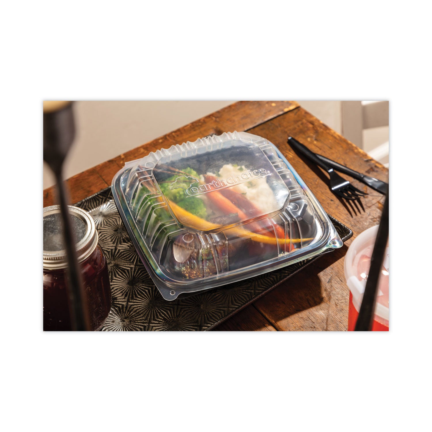 Pactiv Evergreen EarthChoice Vented Dual Color Microwavable Hinged Lid Container, 1-Compartment, 38oz, 8.5x8.5x3, Black/Clear, Plastic, 150/CT