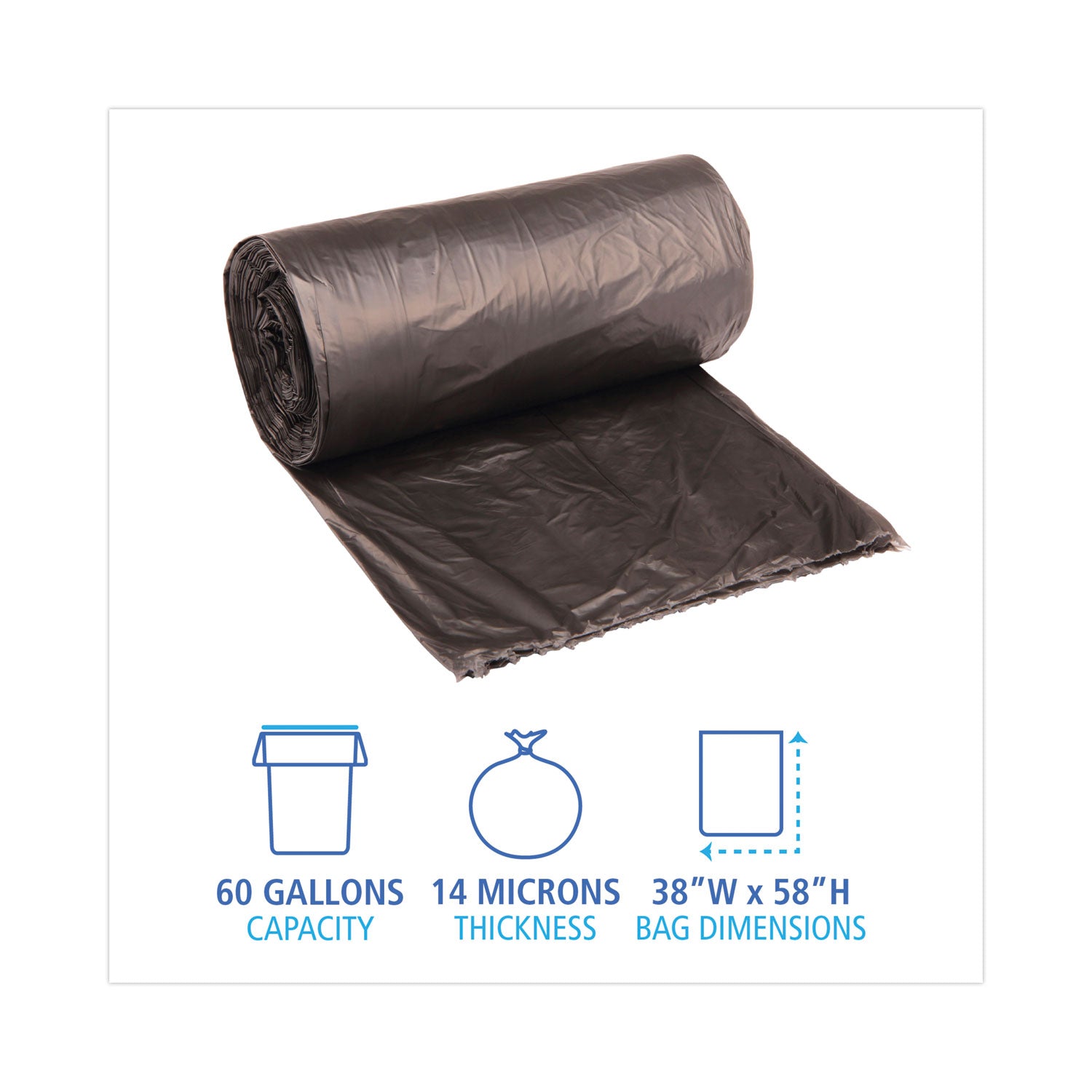 Boardwalk® High-Density Can Liners, 60 gal, 14 mic, 38" x 58", Black, Perforated Roll, 25 Bags/Roll, 8 Rolls/Carton