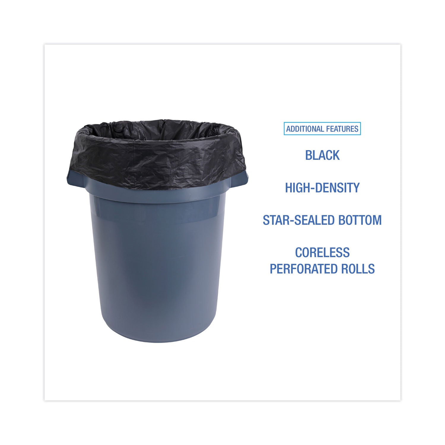 Boardwalk® High-Density Can Liners, 60 gal, 14 mic, 38" x 58", Black, Perforated Roll, 25 Bags/Roll, 8 Rolls/Carton