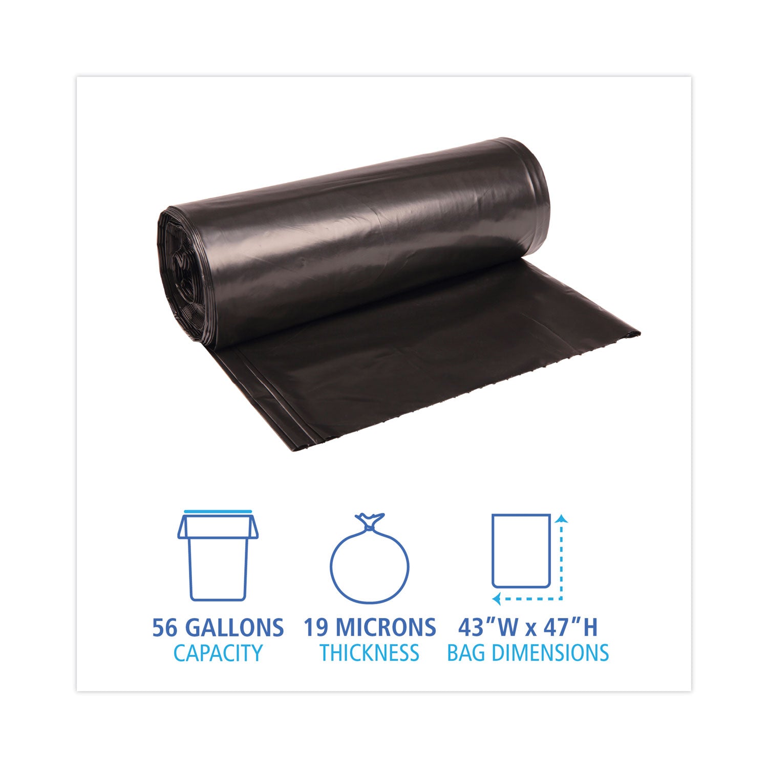 Boardwalk® High-Density Can Liners, 56 gal, 19 mic, 43" x 47", Black, Perforated Roll, 25 Bags/Roll, 6 Rolls/Carton