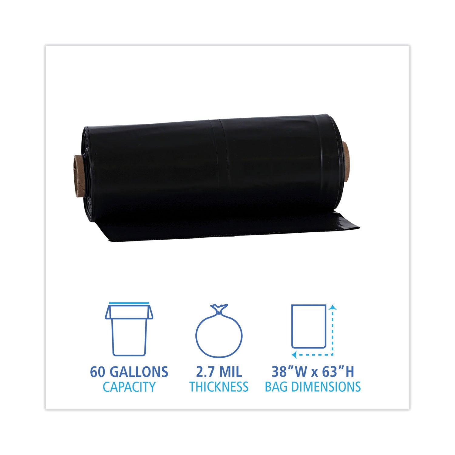 Boardwalk® Industrial Drum Liners Rolls, 60 gal, 2.7 mil, 38" x 63", Black, 50/Carton