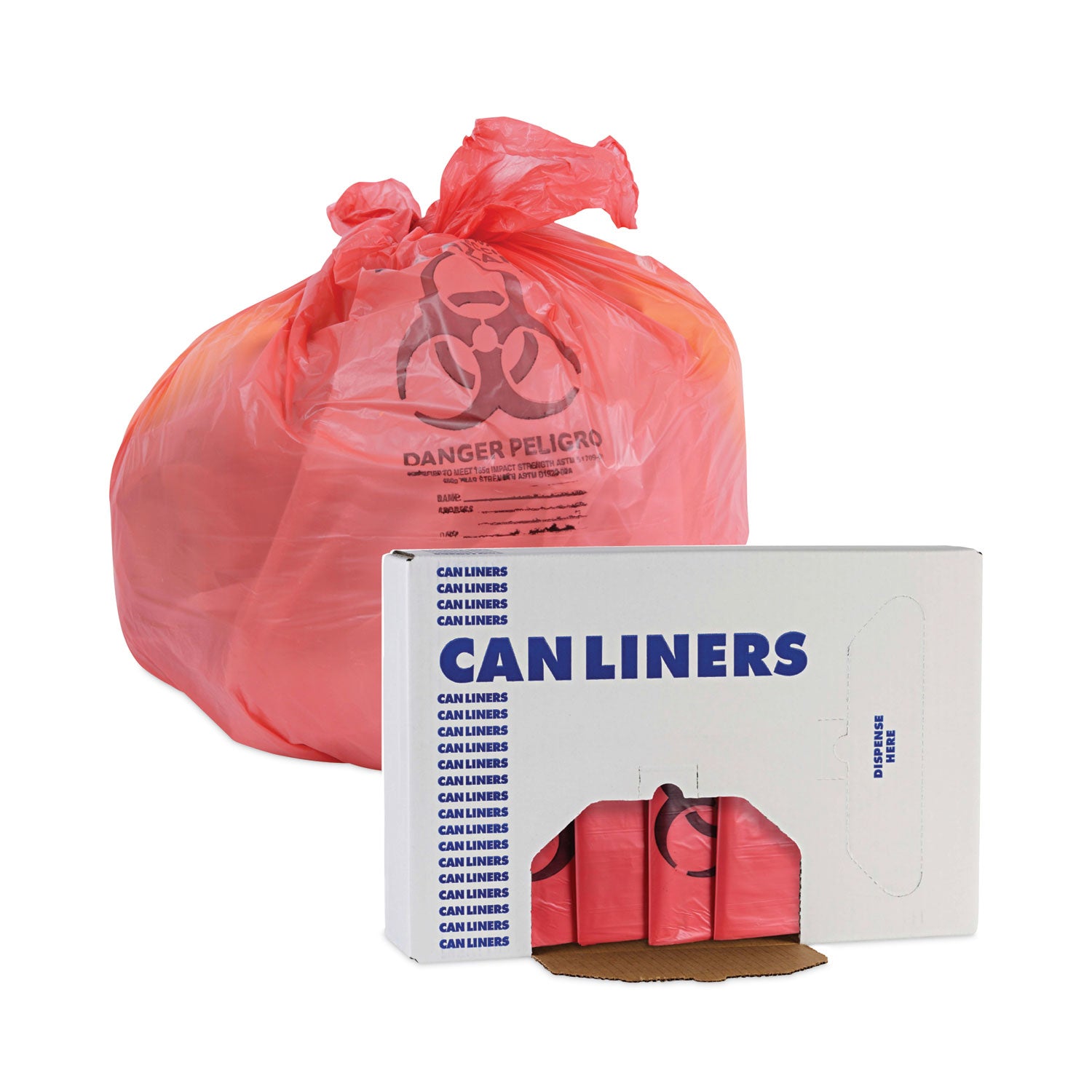 Boardwalk® Linear Low Density Health Care Trash Can Liners, 33 gal, 1.3 mil, 33" x 39", Red, Flat Pack, 150/Carton