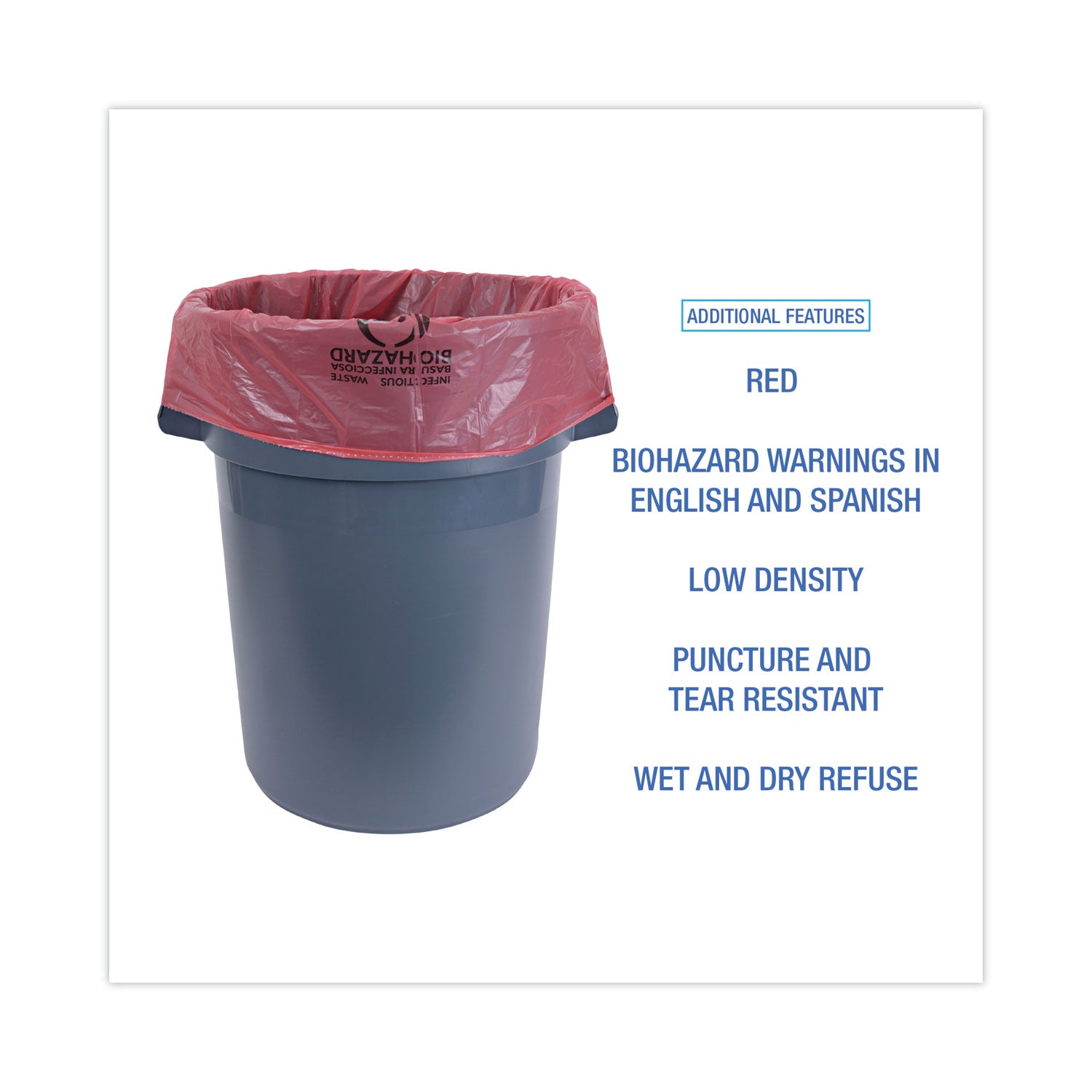 Boardwalk® Linear Low Density Health Care Trash Can Liners, 45 gal, 1.3 mil, 40" x 46", Red, Flat Pack, 100/Carton