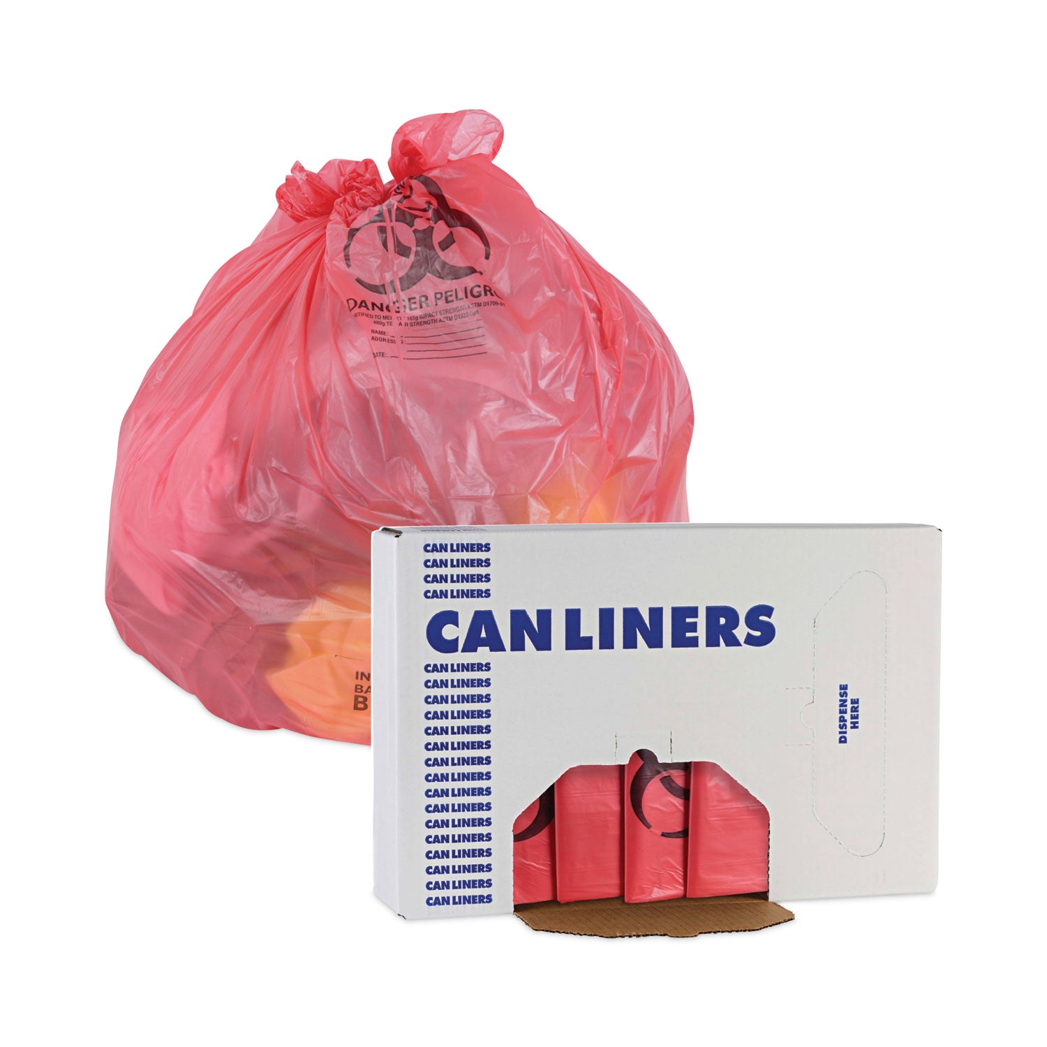 Boardwalk® Linear Low Density Health Care Trash Can Liners, 45 gal, 1.3 mil, 40" x 46", Red, Flat Pack, 100/Carton