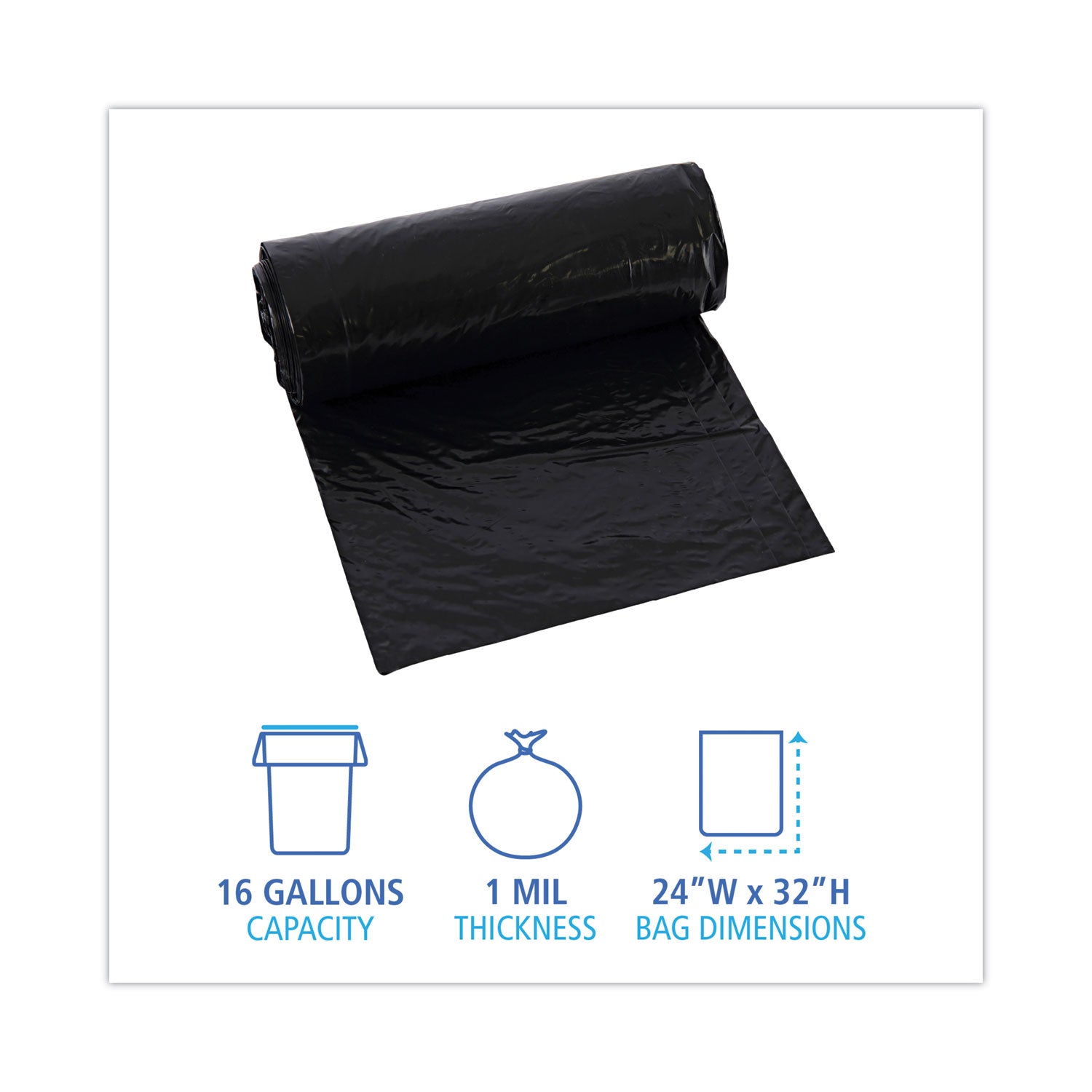 Boardwalk® Low-Density Waste Can Liners, 16 gal, 1 mil, 24" x 32", Black, Perforated Roll, 10 Bags/Roll, 15 Rolls/Carton