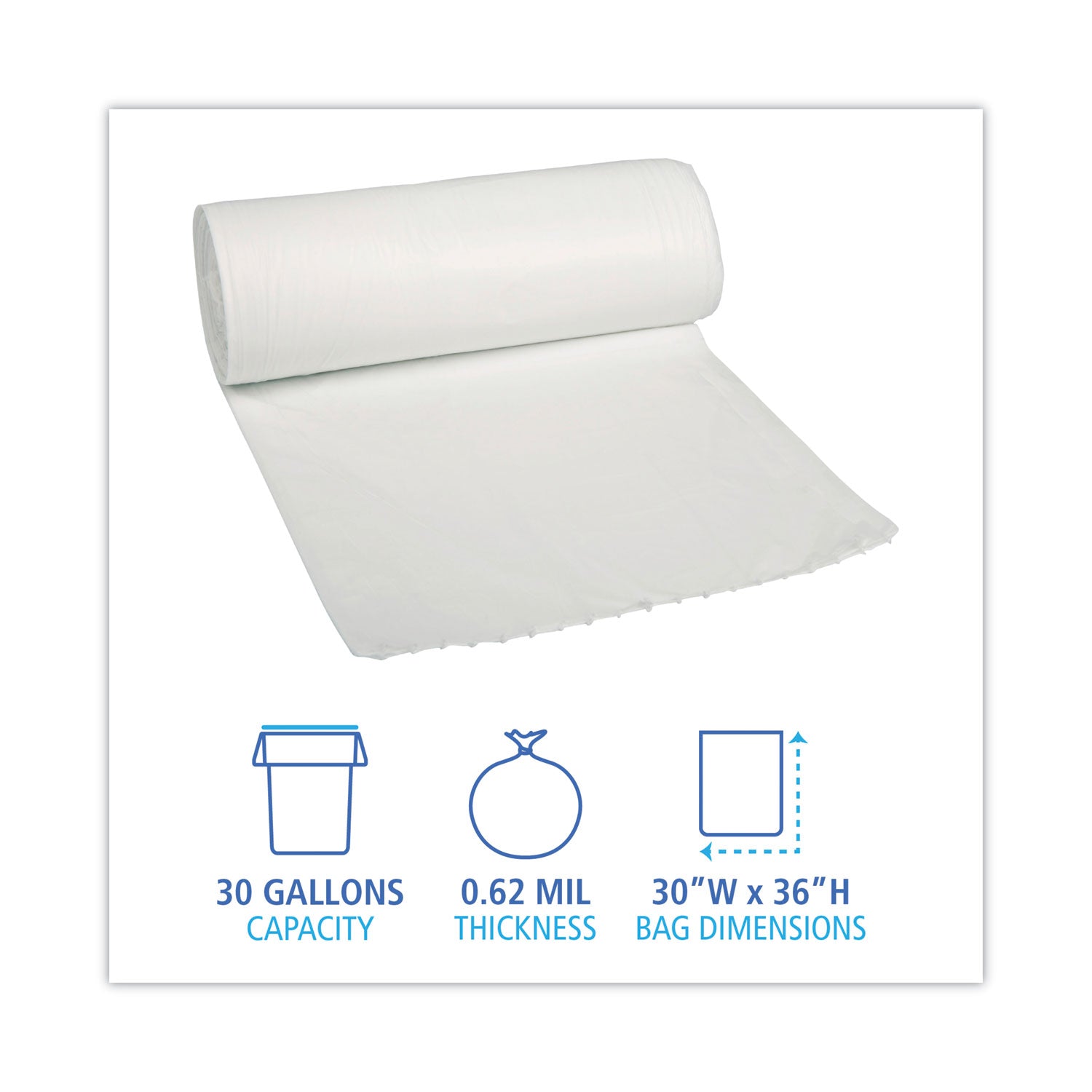 Boardwalk® Low-Density Waste Can Liners, 30 gal, 0.5 mil, 30" x 36", White, Perforated Roll, 10 Bags/Roll, 20 Rolls/Carton