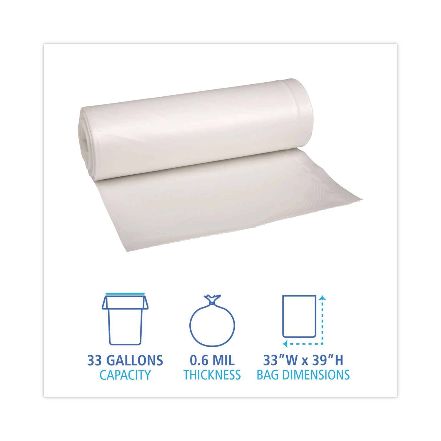 Boardwalk® Low-Density Waste Can Liners, 33 gal, 0.6 mil, 33" x 39", White, Perforated Roll, 25 Bags/Roll, 6 Rolls/Carton