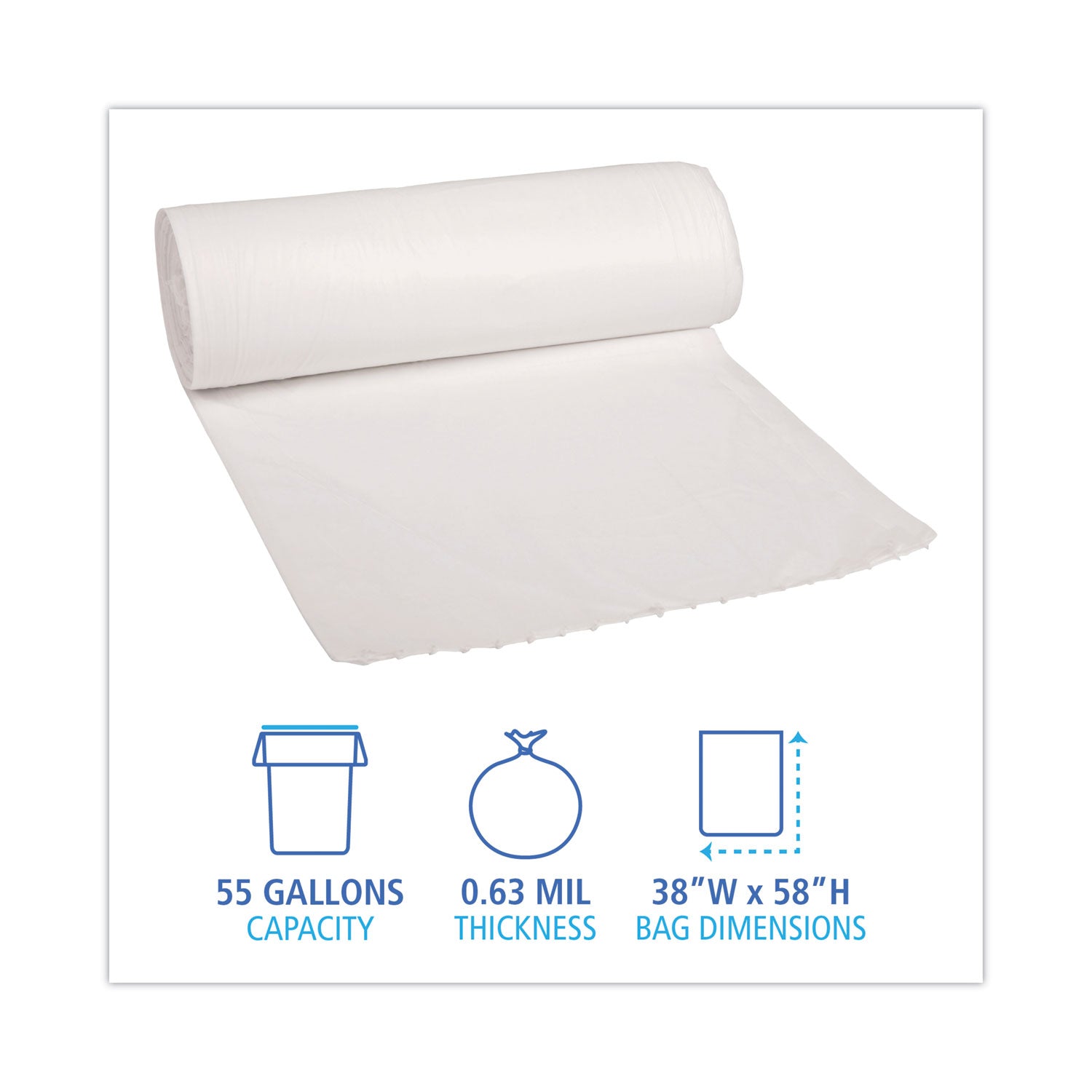 Boardwalk® Low-Density Waste Can Liners, 55 gal, 0.5 mil, 38" x 58", White, Perforated Roll, 10 Bags/Roll, 10 Rolls/Carton