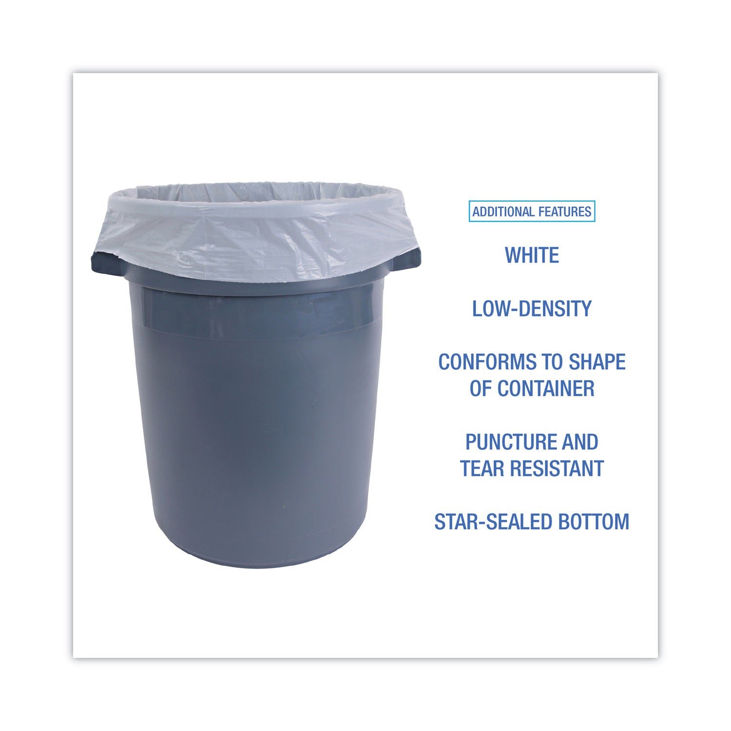 Boardwalk® Low-Density Waste Can Liners, 55 gal, 0.5 mil, 38" x 58", White, Perforated Roll, 10 Bags/Roll, 10 Rolls/Carton