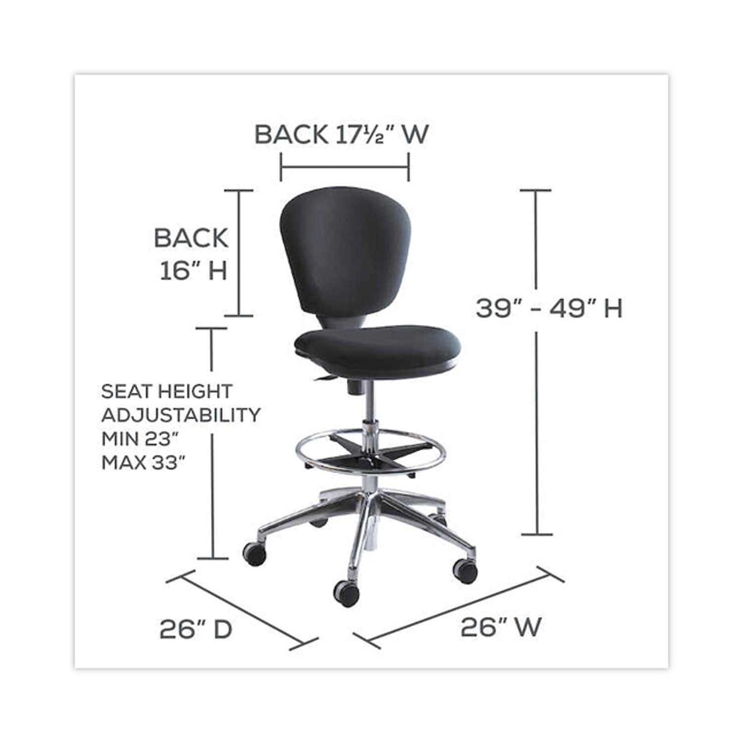 Safco® Metro Collection Extended-Height Chair, Supports Up to 250 lb, 23" to 33" Seat Height, Black Seat/Back, Chrome Base